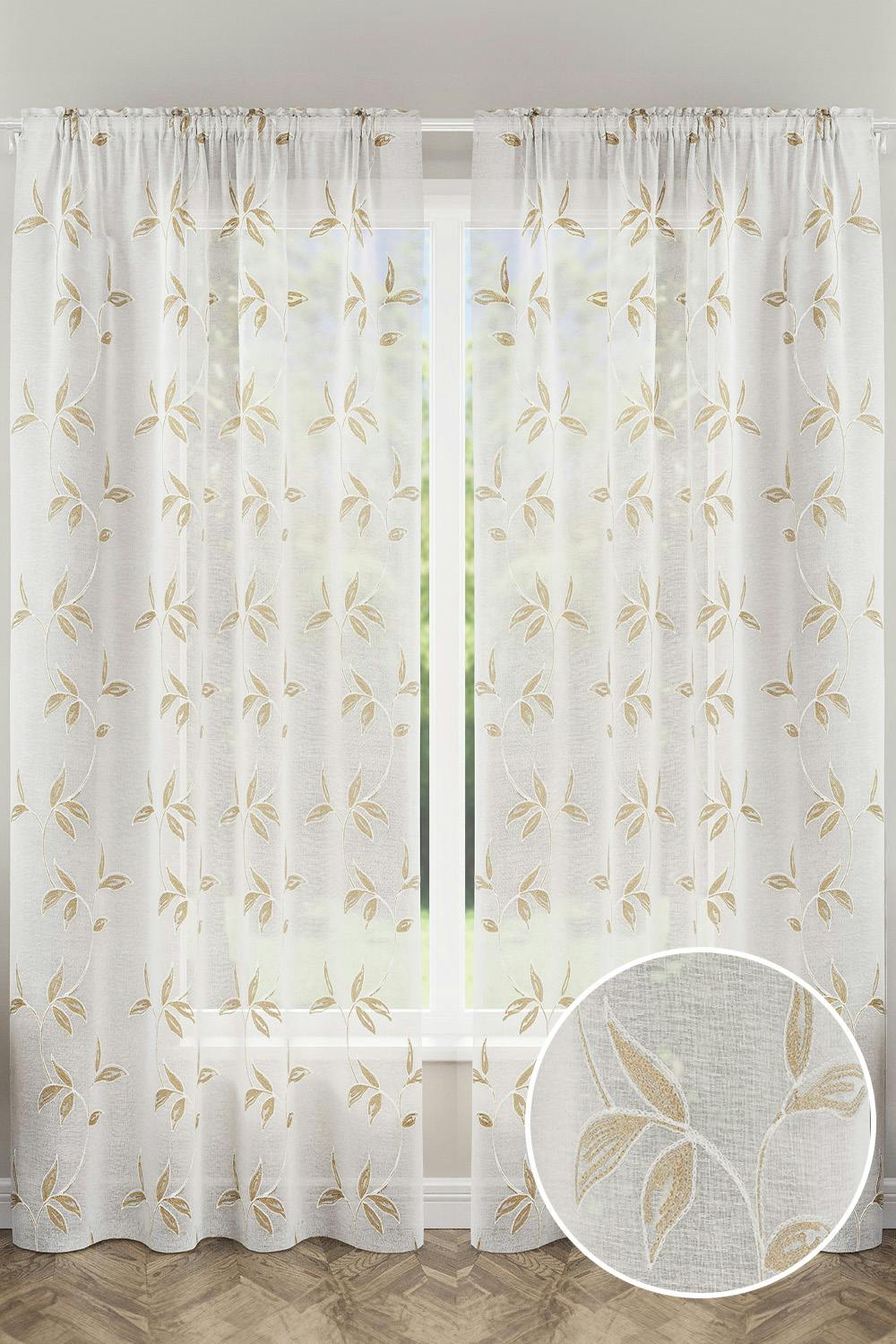 Rackhams Light/Grey Oasis Embroidered Leaf Design Voile Panels - Pair - Natural - 55" (140Cm) Width X 54" (137Cm) Drop