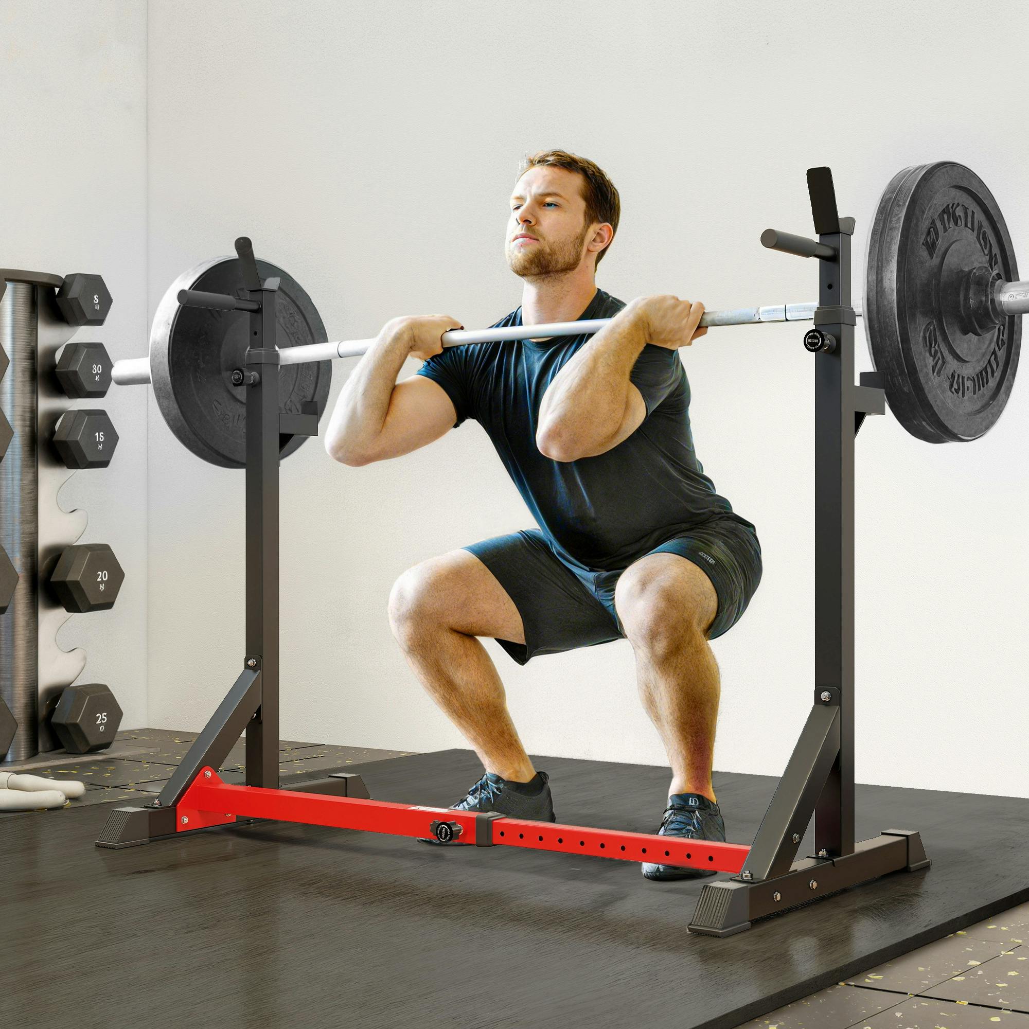 Homcom Black/Red Barbell Rack Squat Dip Stand Weight Lifting Bench Press Home Gym
