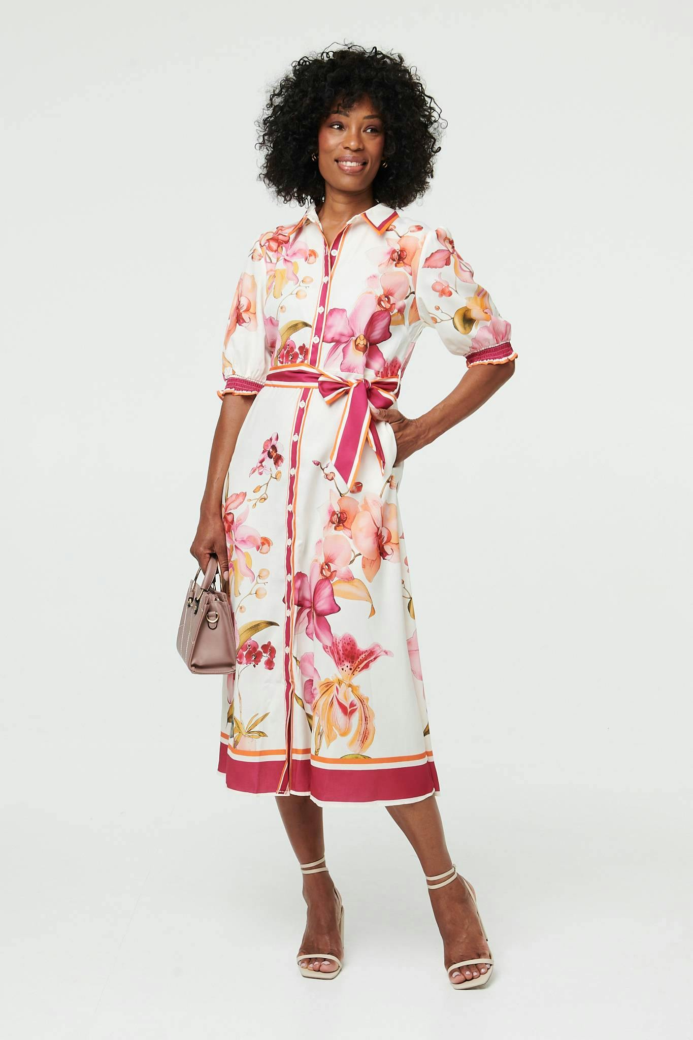Izabel London Cream Floral Tie Waist A-Line Midi Shirt Dress - 18