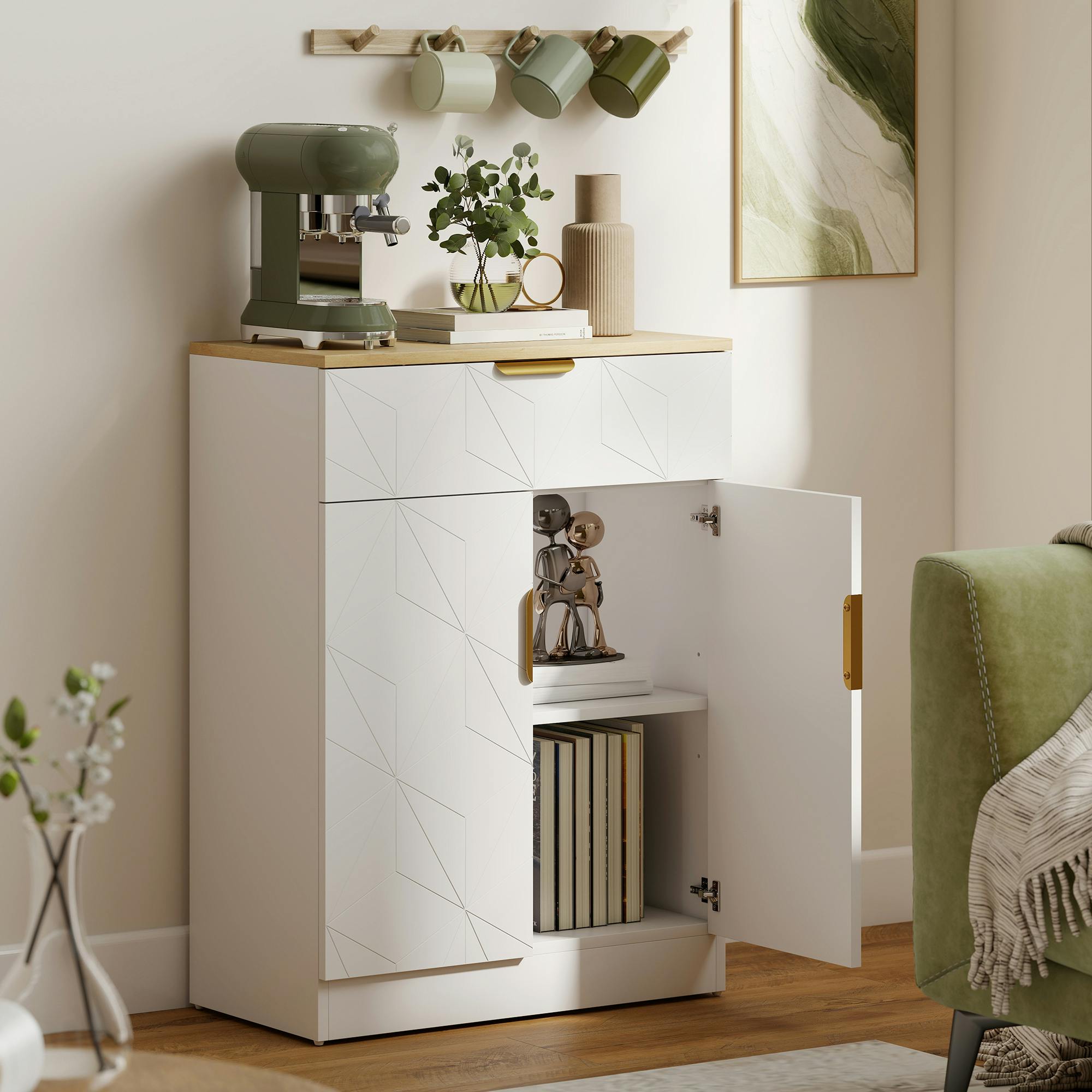 Rackhams White Sideboard Storage Cupboard With Drawer For Living Room Entryway - And Natural Wood - Sideboard