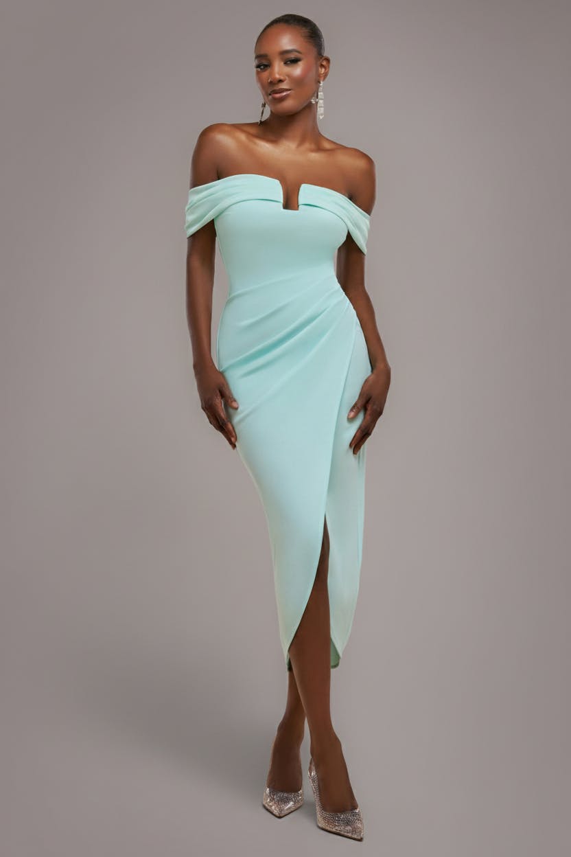 Goddiva Green Off The Shoulder Chiffon Wing Scuba Crepe Midi Dress - Mint By - Mint - 18