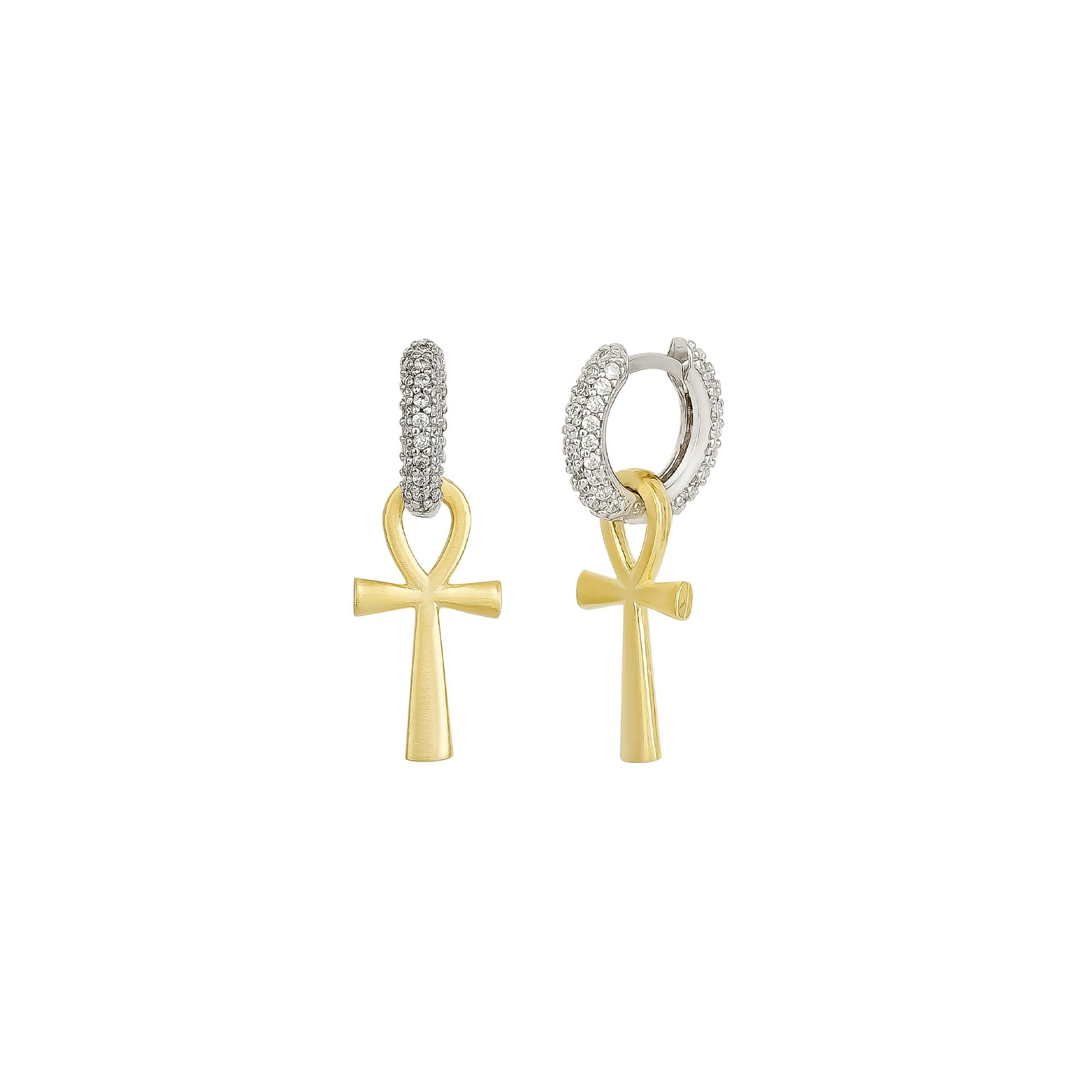 Spero London Silver Sterling Egyptian Ankh Zirconia Hoop Earrings