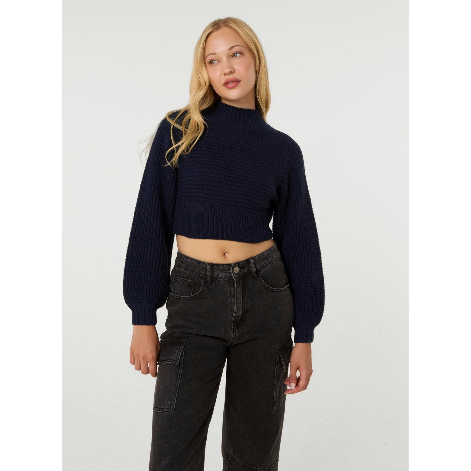 Pink Vanilla High Neck Knitted Crop Jumper - S-M - Navy