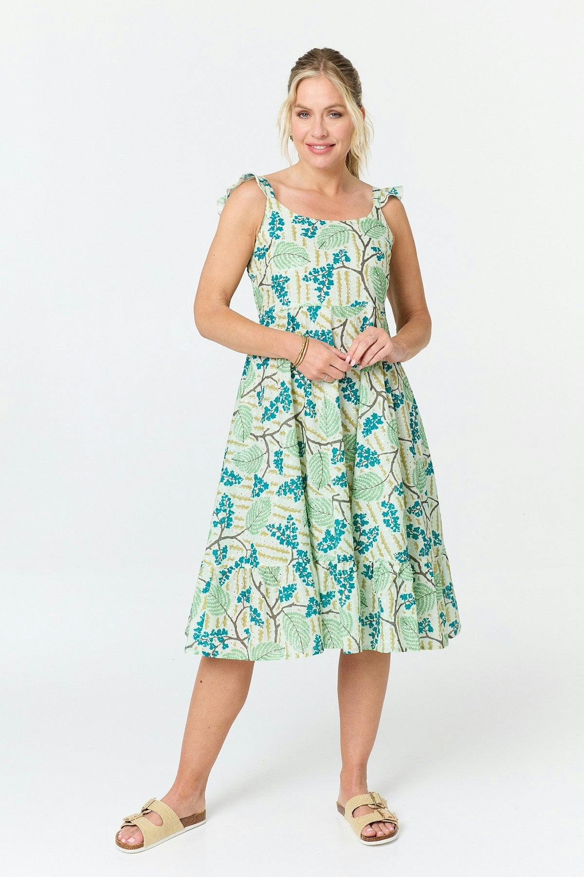 Izabel London Green Leaf Print Frilled Strap Midi Dress - 18