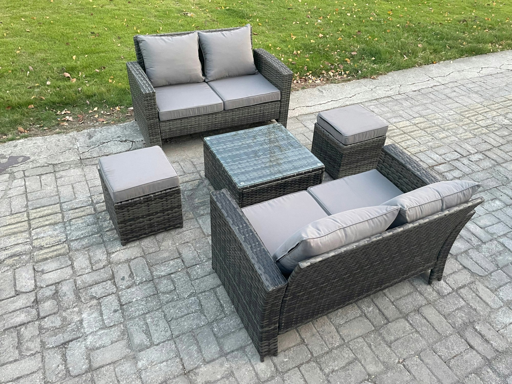 Rackhams Dark/Grey Rattan Garden Furniture Set 5 Piece Patio Rattan Furniture Sofa Weaving Wicker Includes 2 Double Seat Sofa, Coffee Table And 2 Small Footstools