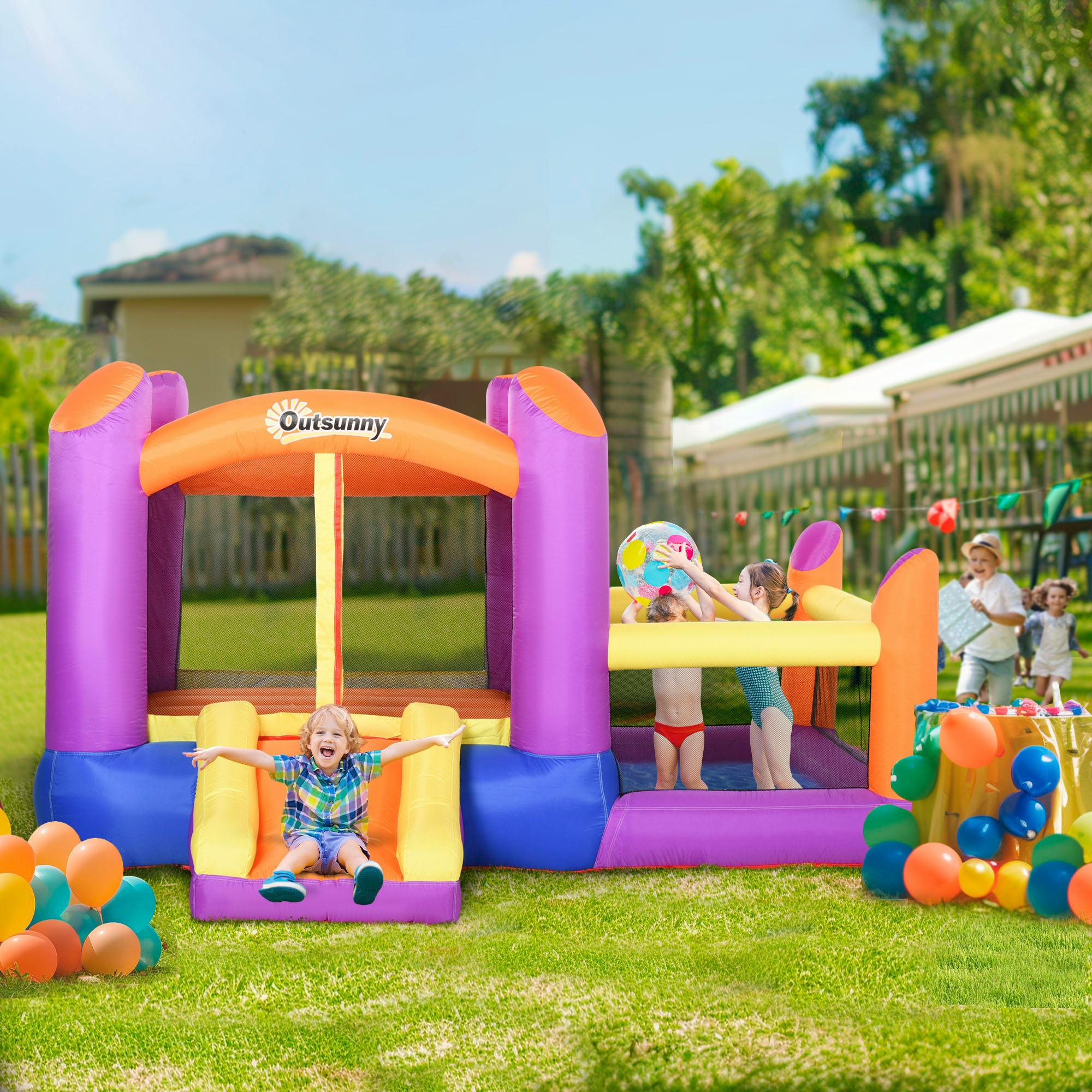 Outsunny Bouncy Castle With Slide Pool House Inflatable W/ Blower Multi-Color