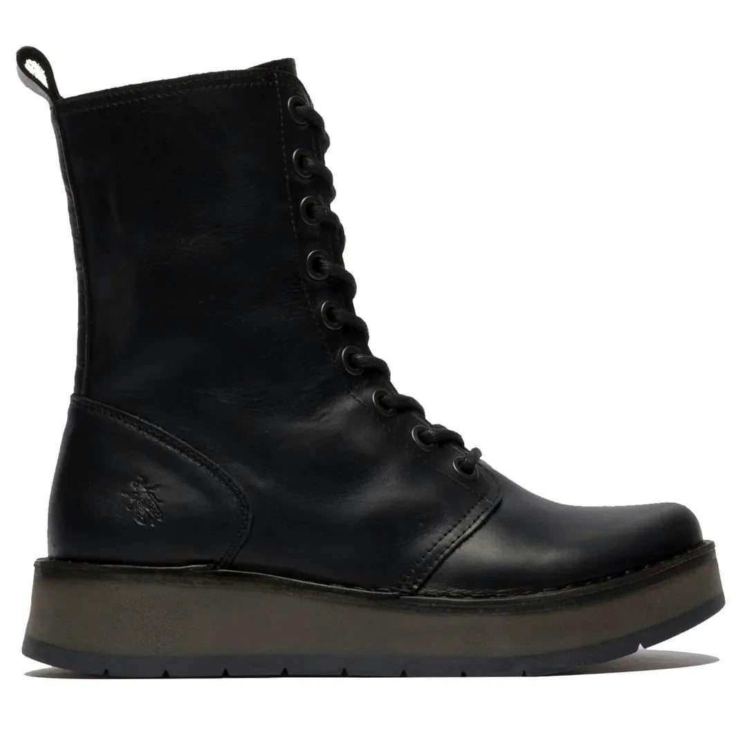 Fly London Women's Black Rami043fly - Wedge Heel Lace Up Leather Ankle Boots - Uk 3