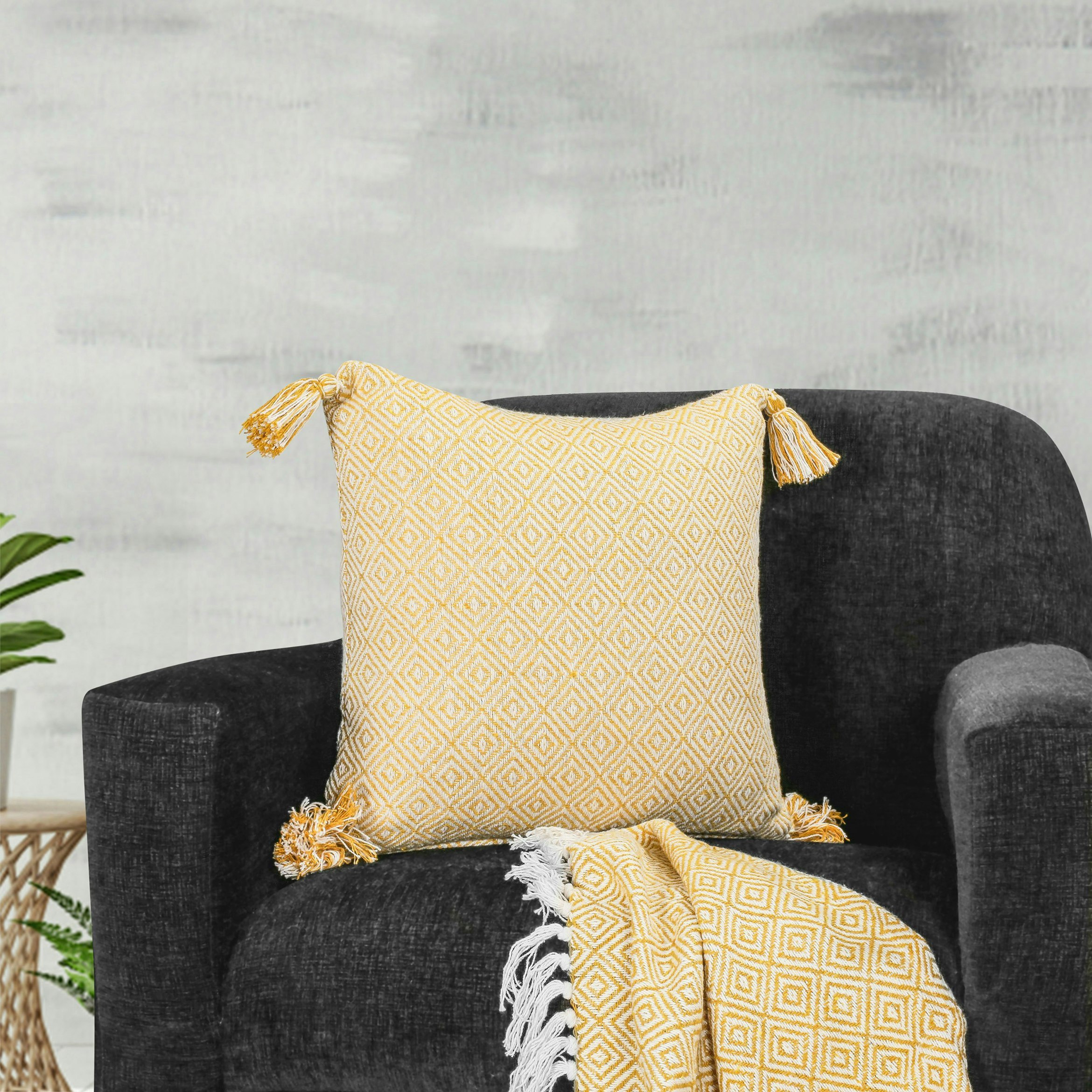 Velosso Shabby Chic Vintage Look Tassel Edge Cushion - 43Cm X 43Cm - Ochre
