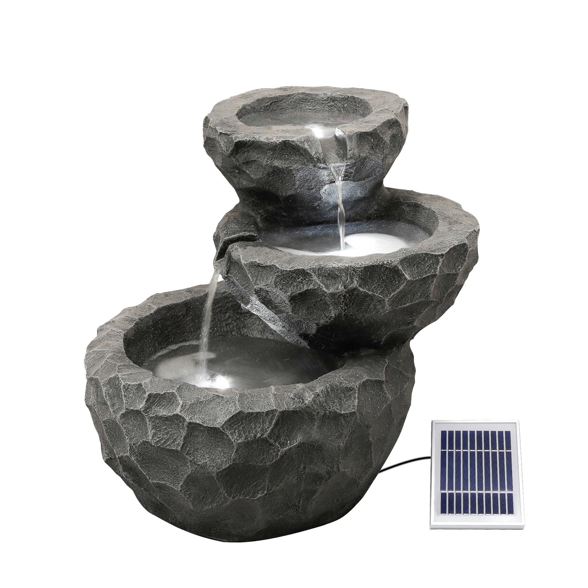 Rackhams Solar Powered Three-Tiered Rock Water Feature With Battery Backup