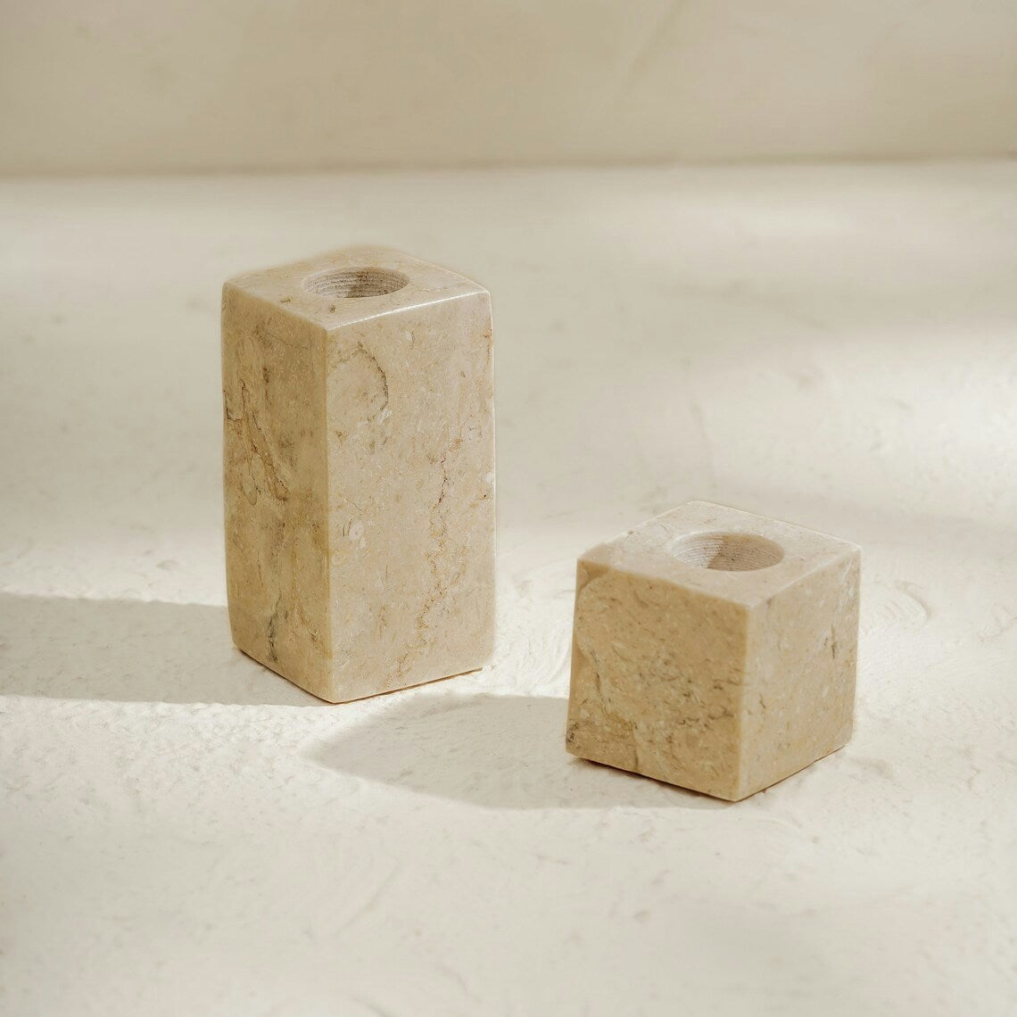 Coastal Villa Homeware Beige Marble Candle Stick Holder Set In Three Colours