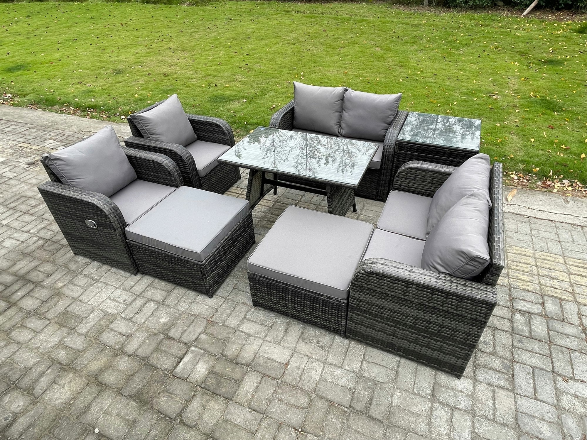 Fimous Dark/Grey 8 Seater Wicker Pe Rattan Garden Dining Set Outdoor Furniture Sofa With Rectangular Dining Table Side Table 2 Big Footstool Mixed