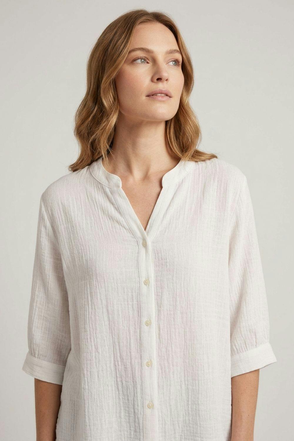Izabel London White Relaxed Collarless 3/4 Sleeve Shirt - 8