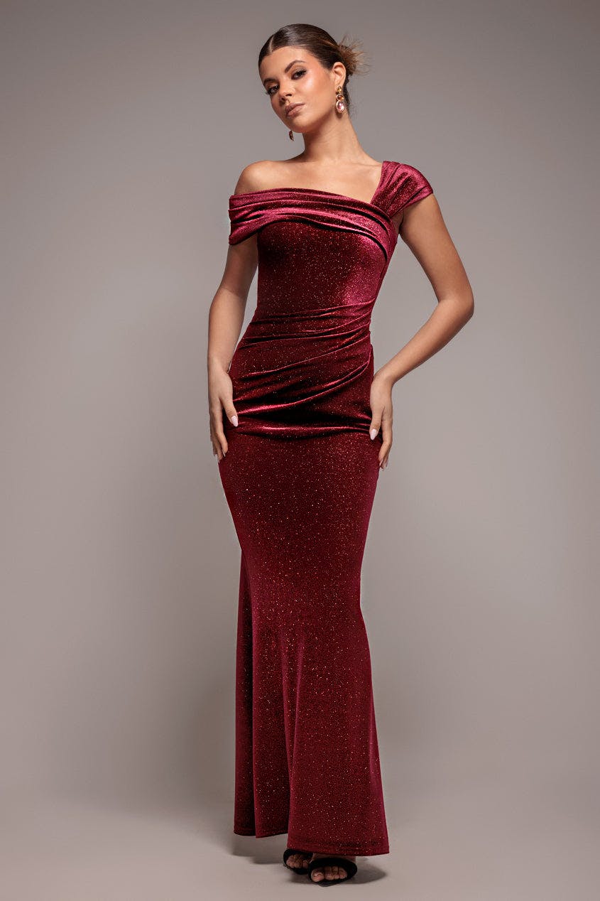 Goddiva Light Glitter Velvet One Shoulder Maxi Dress - Wine By - Wine - 8