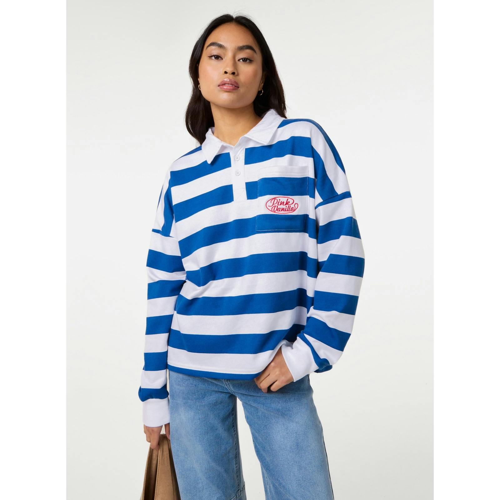 Pink Vanilla Stripe Rugby Top - M-L - Navy