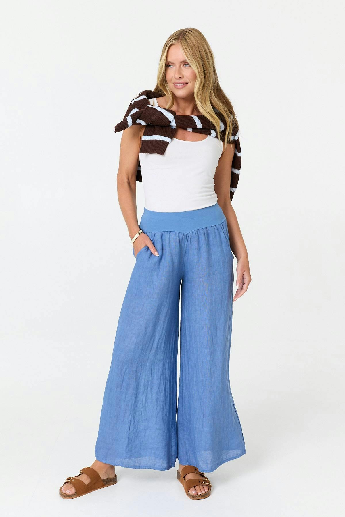 Izabel London Blue High Waist Relaxed Flared Trousers - 16