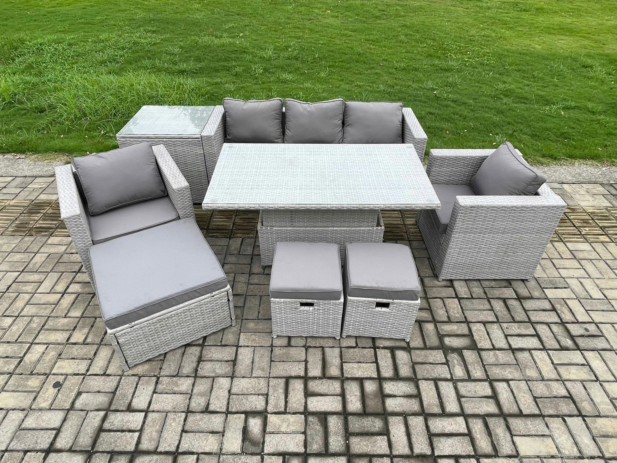 Fimous Outdoor Rattan Garden Funiture Set Height Adjustable Rising Lifting Table Sofa Dining Set With 2 Armchairs Side Table Footstools