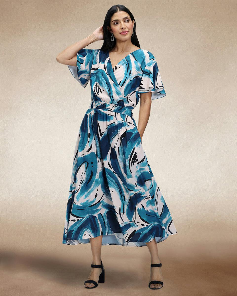 Hotsquash Blue/Cream Chiffon Midi Dress - / Swish - 8