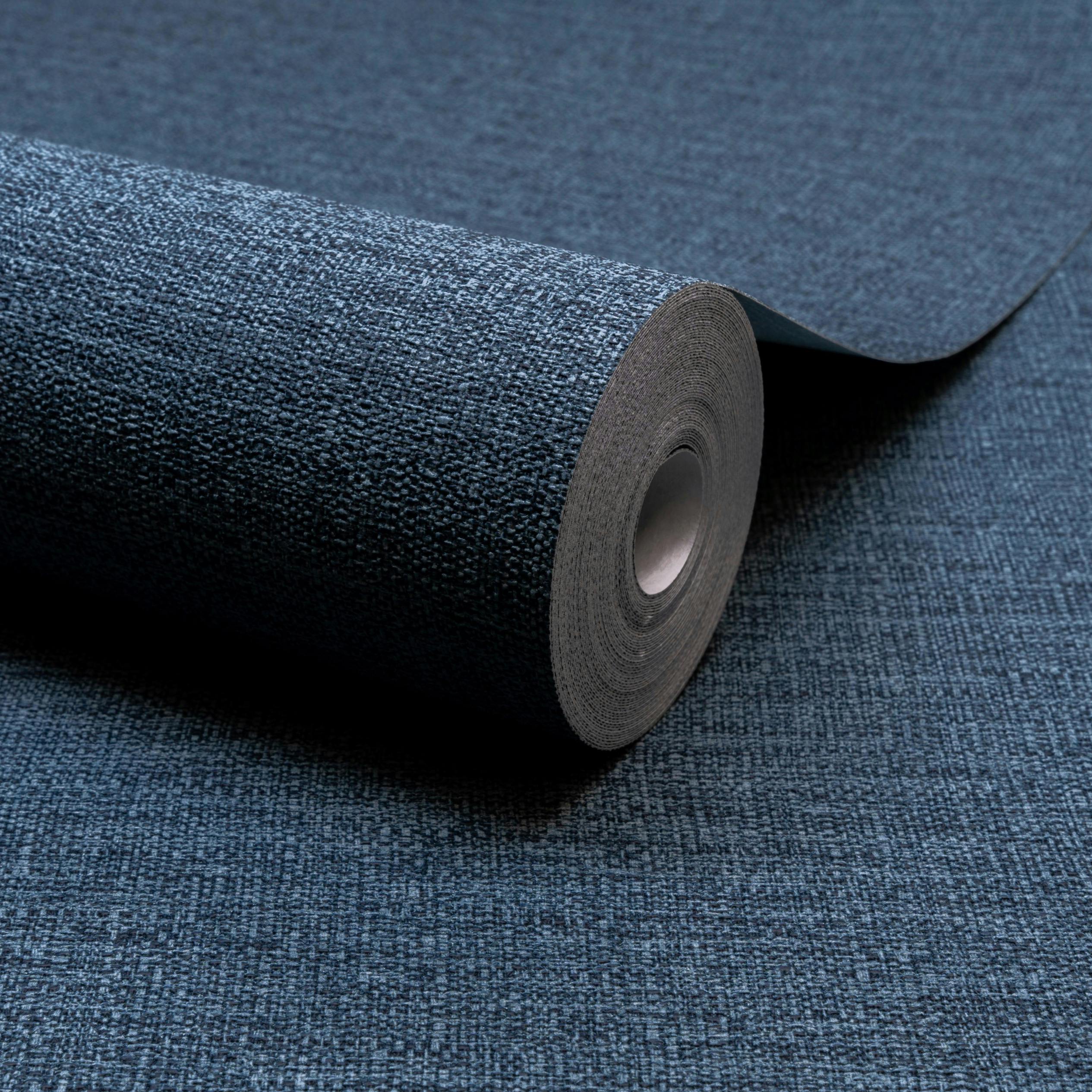 Rackhams Blue Telma Slubbed Fabric Hessian Textured Luxury Wallpaper Navy