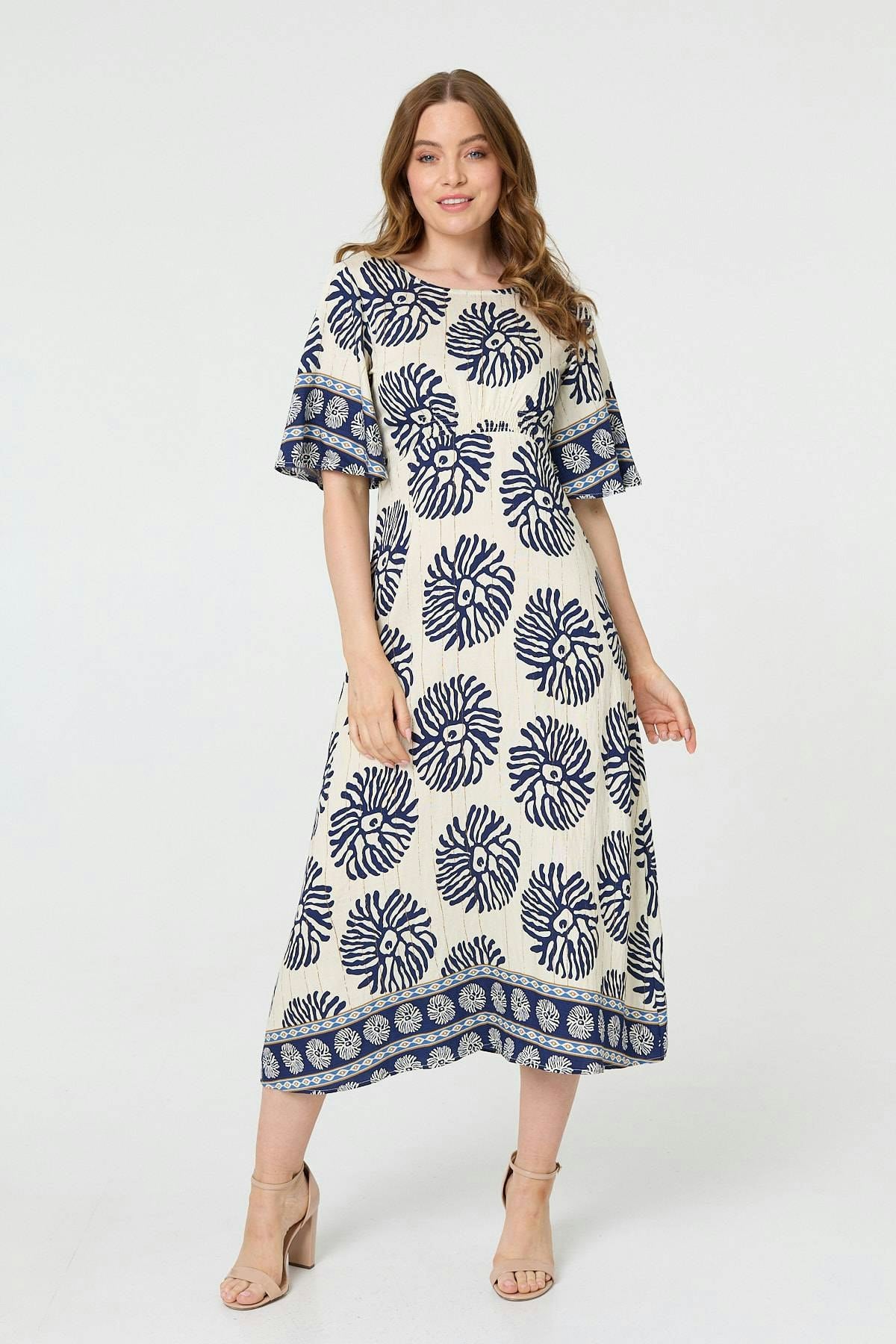 Izabel London Floral Flared Sleeve Ruched Midi Dress - Navy - 10