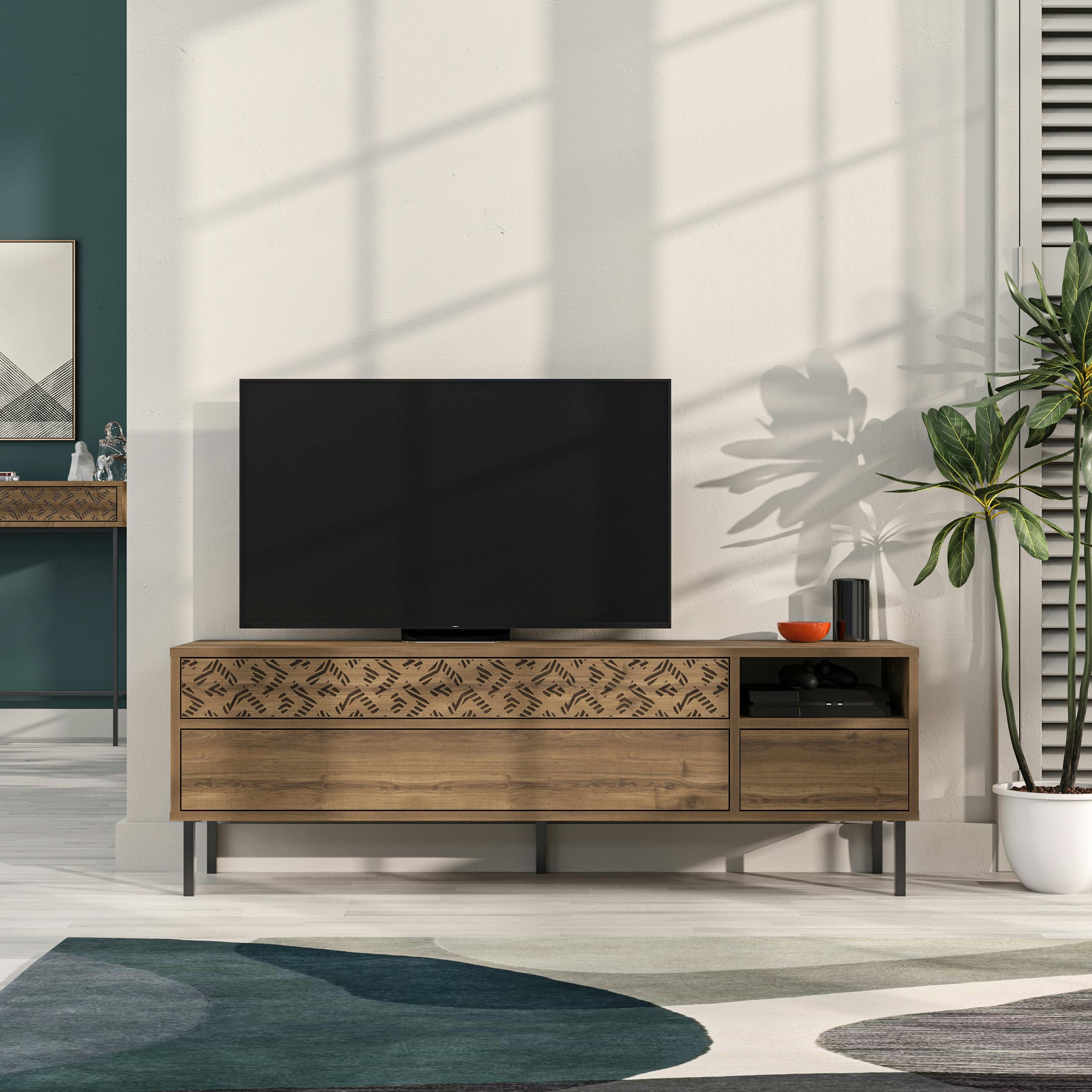 Rackhams Dark Heaton Modern Multimedia Unit With Storage Tv Cabinet 60" 145Cm - Oak Effect