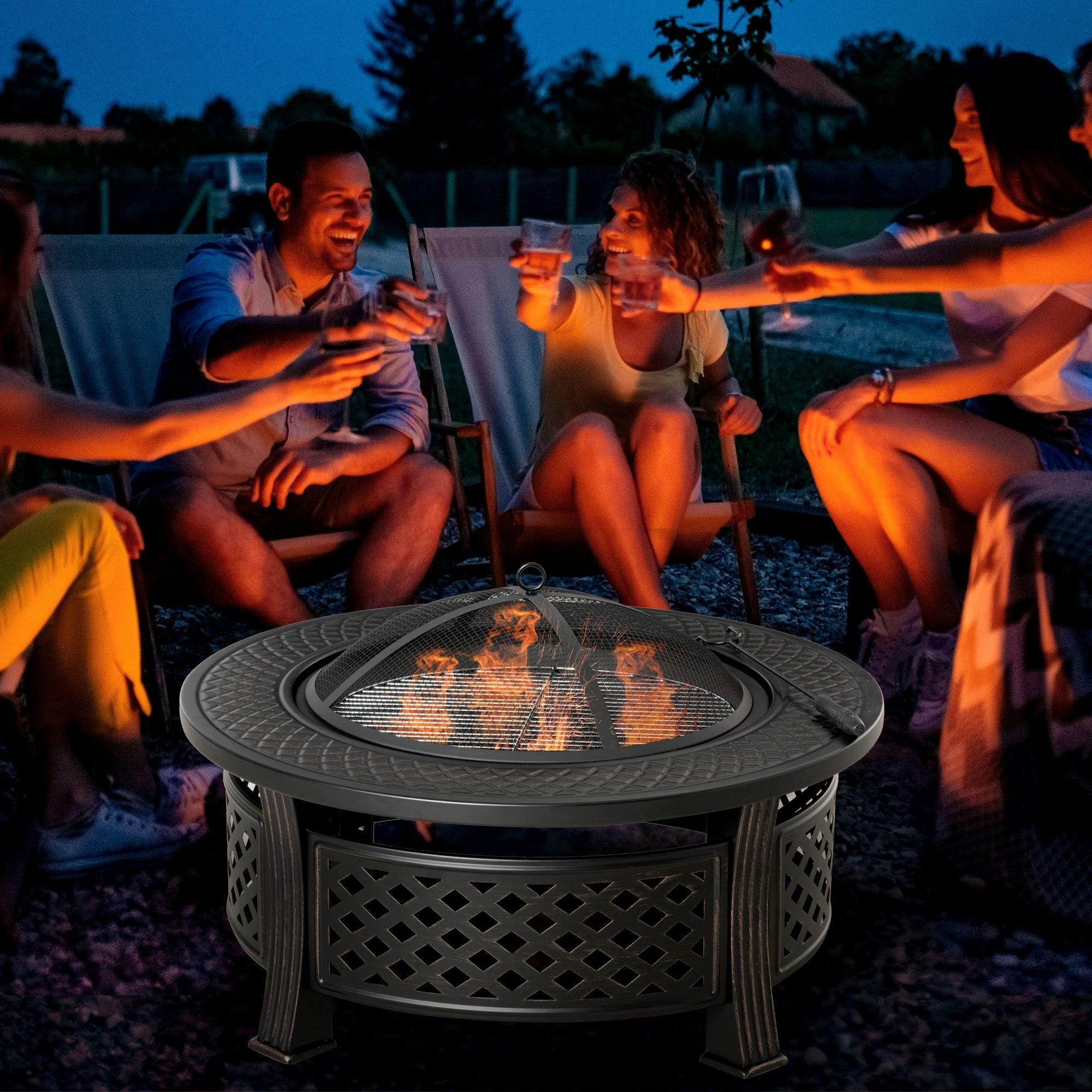 Rackhams Bronze Outdoor Fire Pit, Round Firepit With Grill Net, Mesh Lid, Tone - Steel - Fire Pit