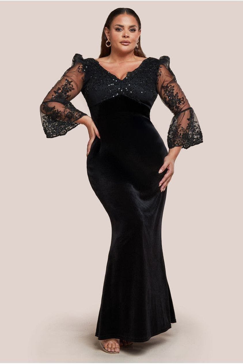 Goddiva Plus Black Scalloped Lace & Velvet Maxi Dress - By - 20