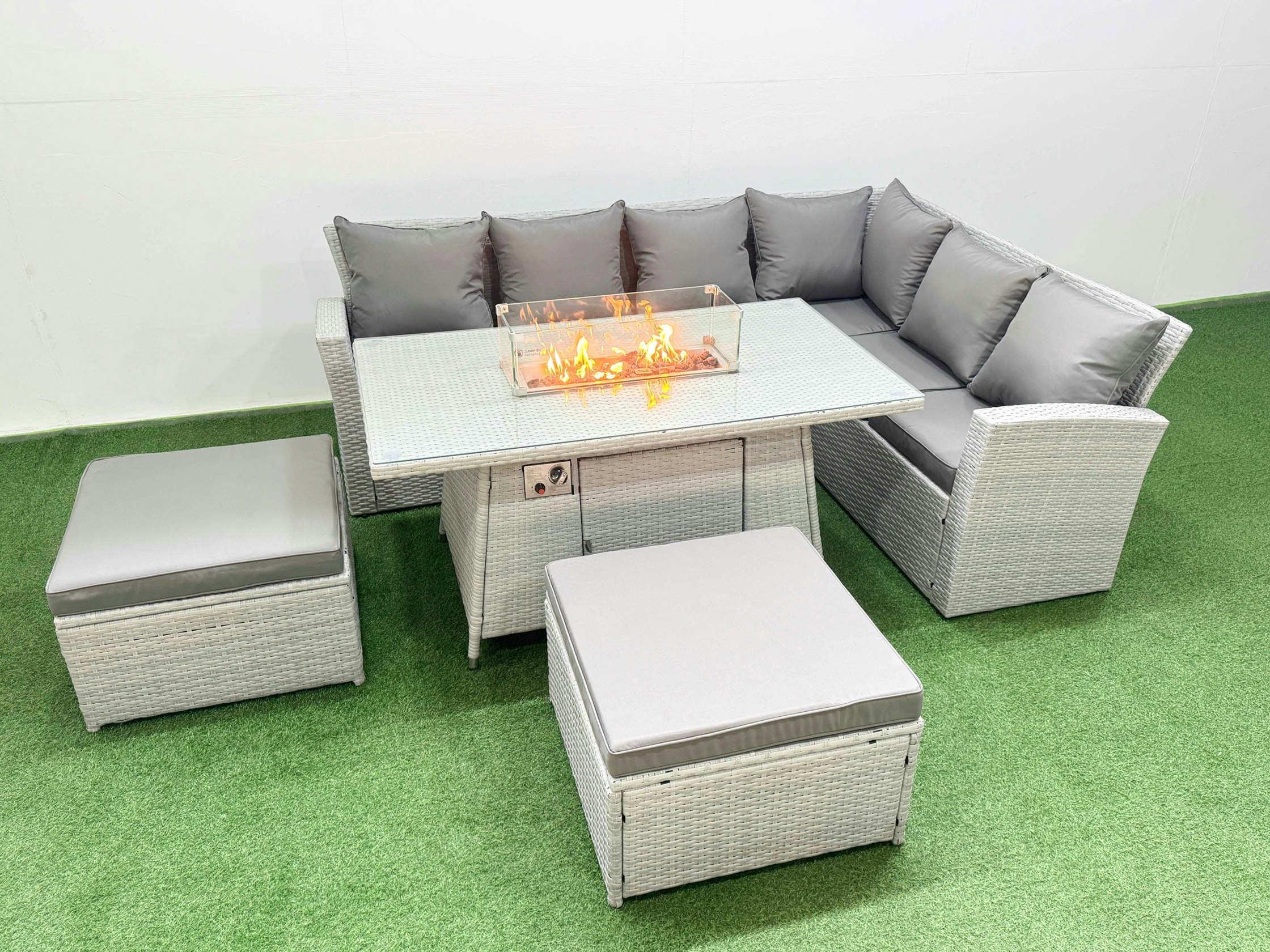 Rackhams Light/Grey 8 Seat Rattan Garden Furniture Corner Sofa Set Outdoor Gas Fire Pit Table Set With 2 Big Footstools