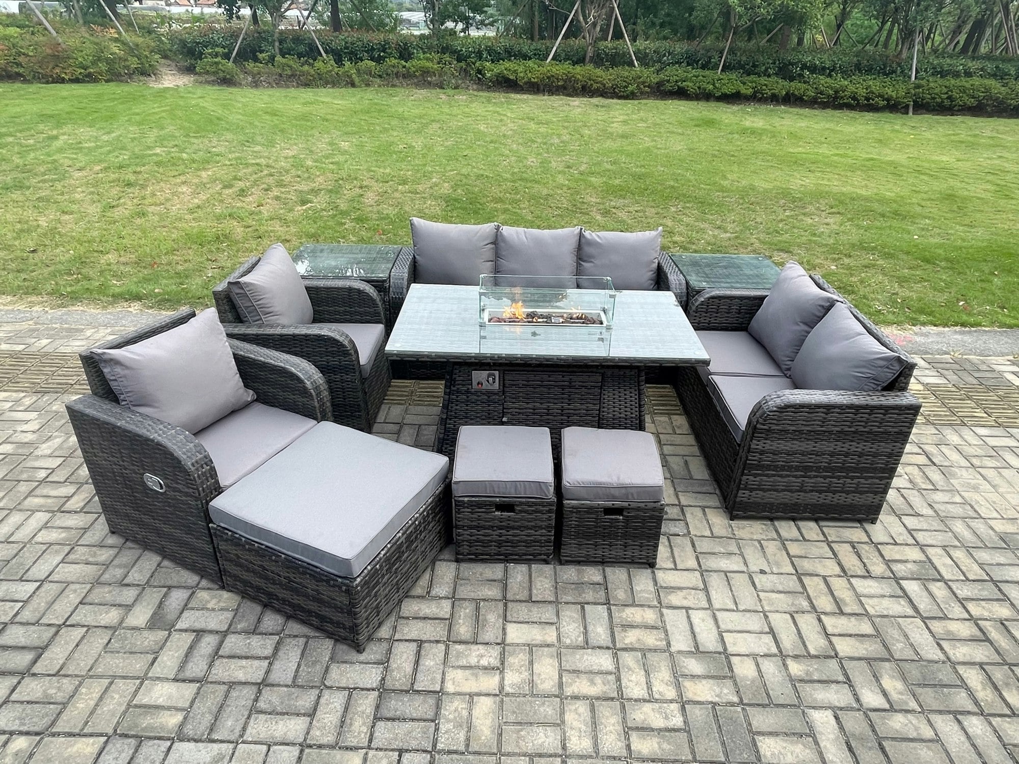 Rackhams Dark/Grey Rattan Outdoor Garden Furniture Set With Gas Fire Pit Table, Sofas, 2 Chairs, 3 Footstools, 2 Side Tables - 10 Seater