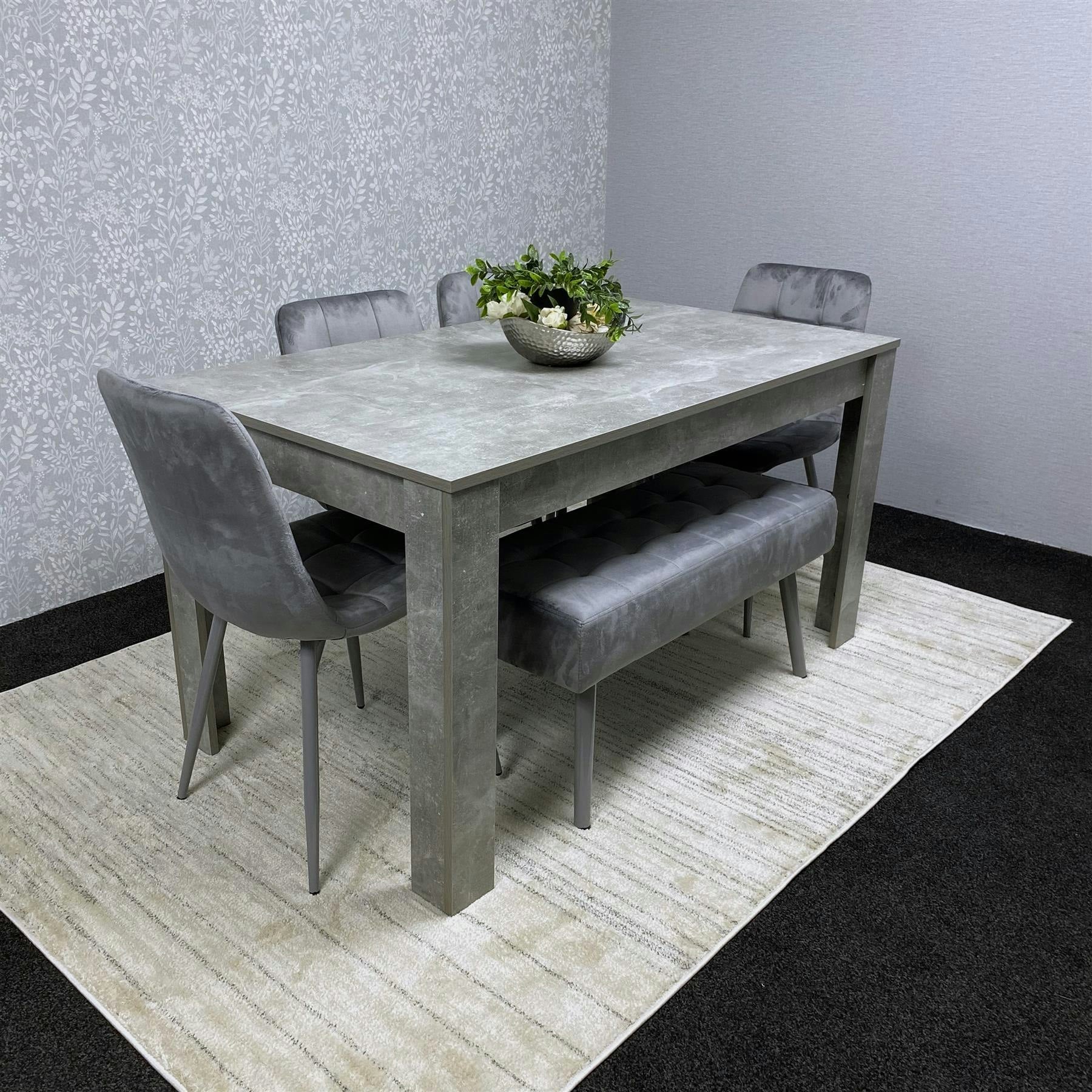 Rackhams Grey Dining Table And 4 Chairs With Bench Stone Effect Wood Table - Dining Room
