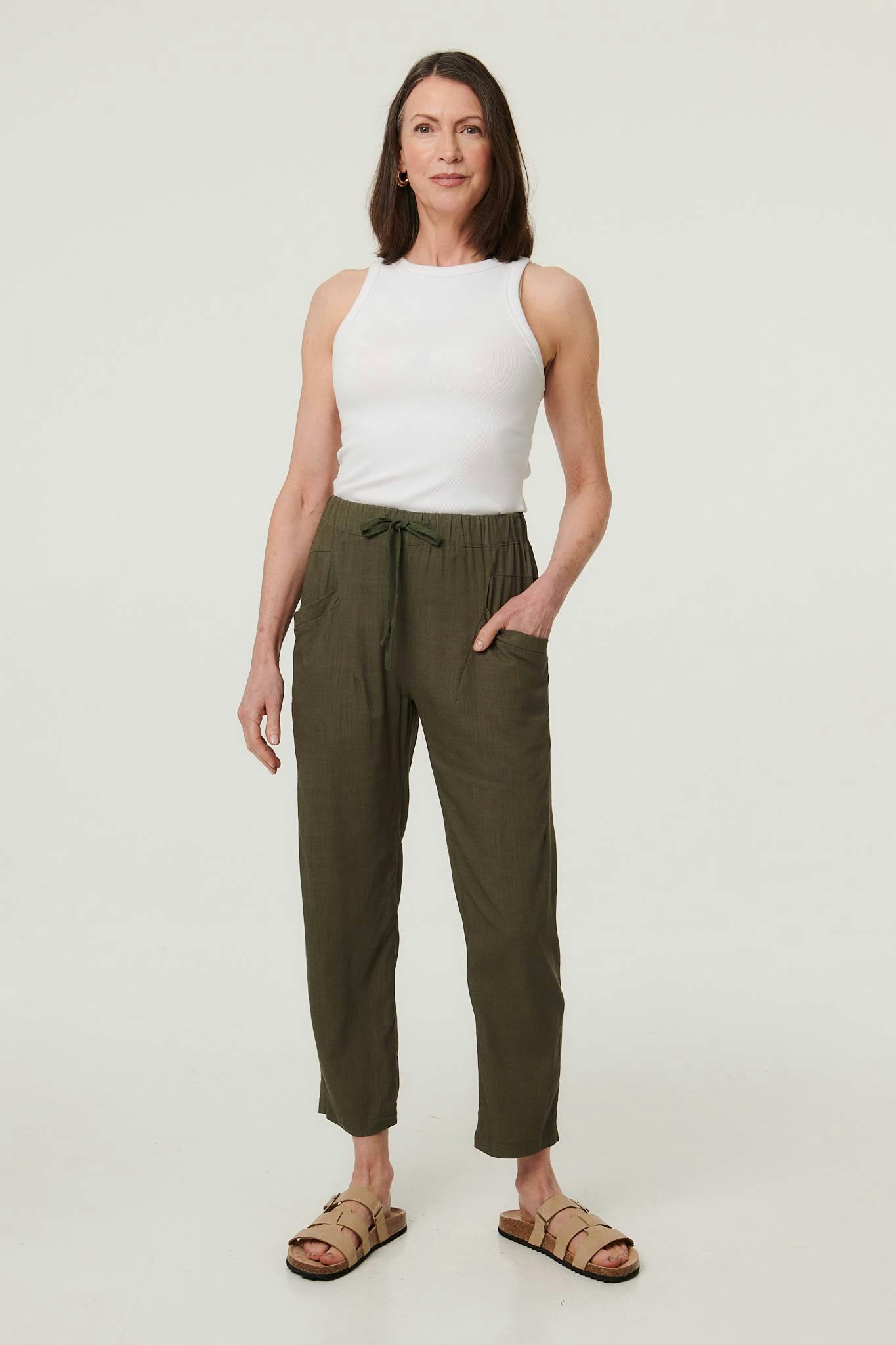 Izabel London Drawstring Tie Front Relaxed Trousers - 16 - Sage