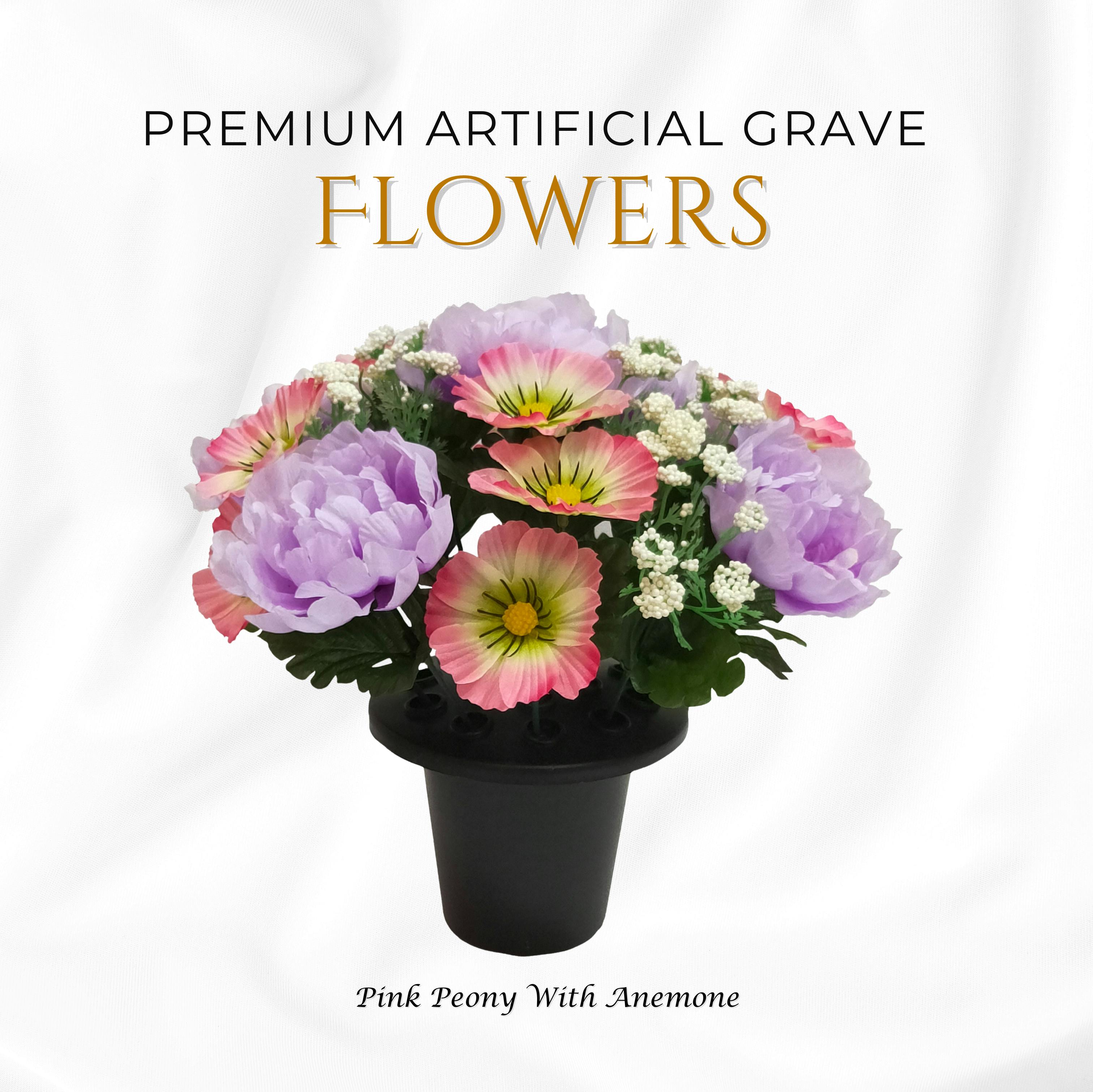 Rackhams Lilac/Pink Premium Artificial Grave Flowers – 25Cm Peony With Anemone | Memorial Vase Pot