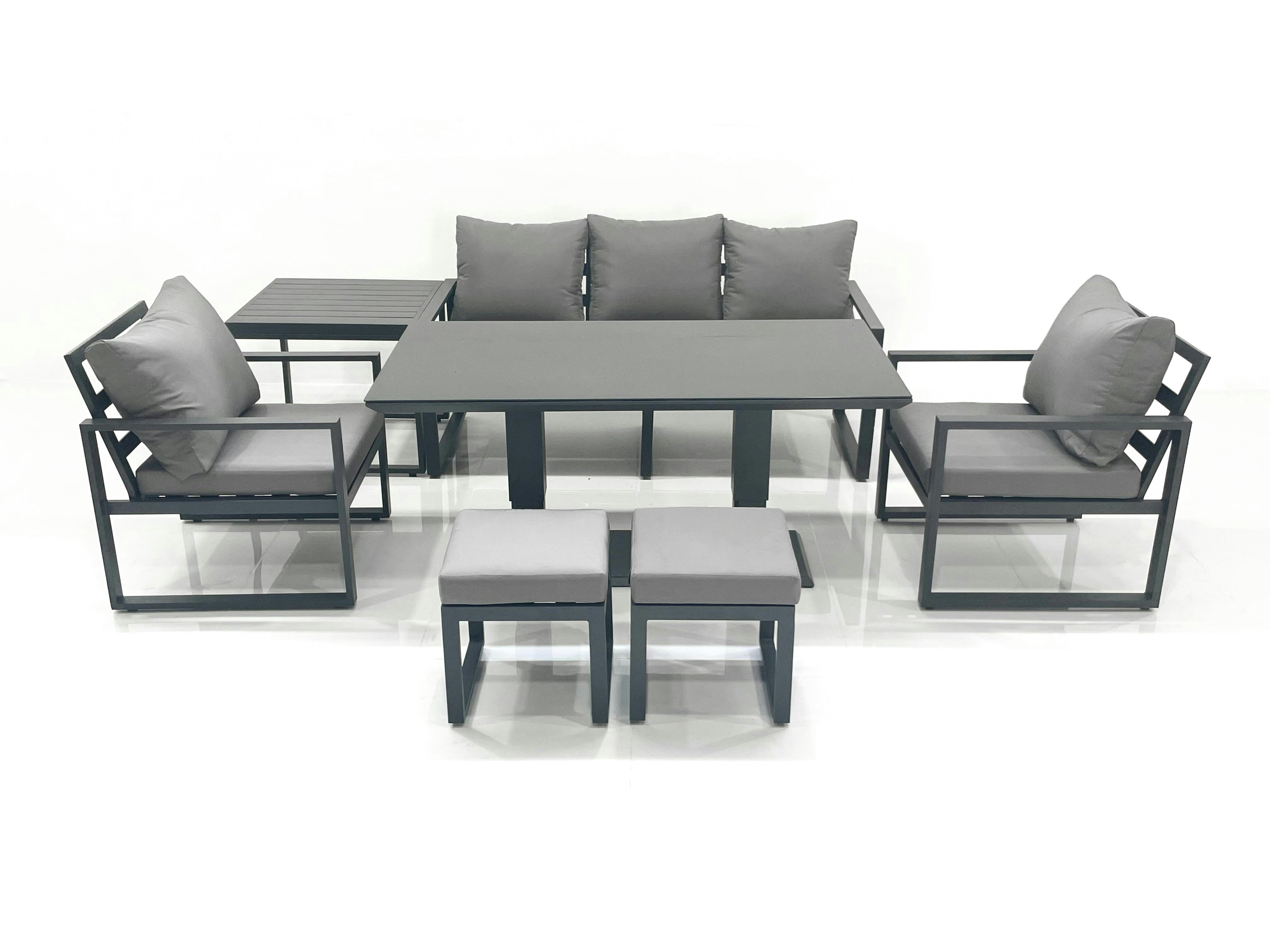 Rackhams Dark/Grey Outdoor Aluminium Garden Furniture Set With Adjustable Rising Dining Table 3 Seater Sofa 2 Chair 2 Small Footstools Side Table