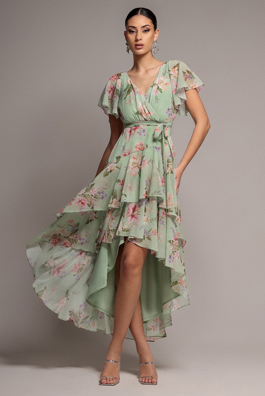 Goddiva Green Flutter Sleeve Midaxi Wrap Dress - Sage By - Sage - 10