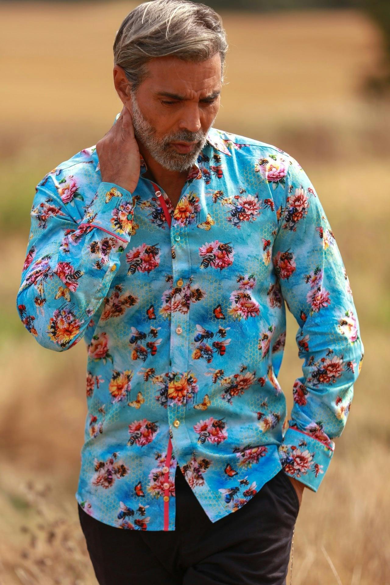 Claudio Lugli Blue Bees And Flowers Print Shirt - Large