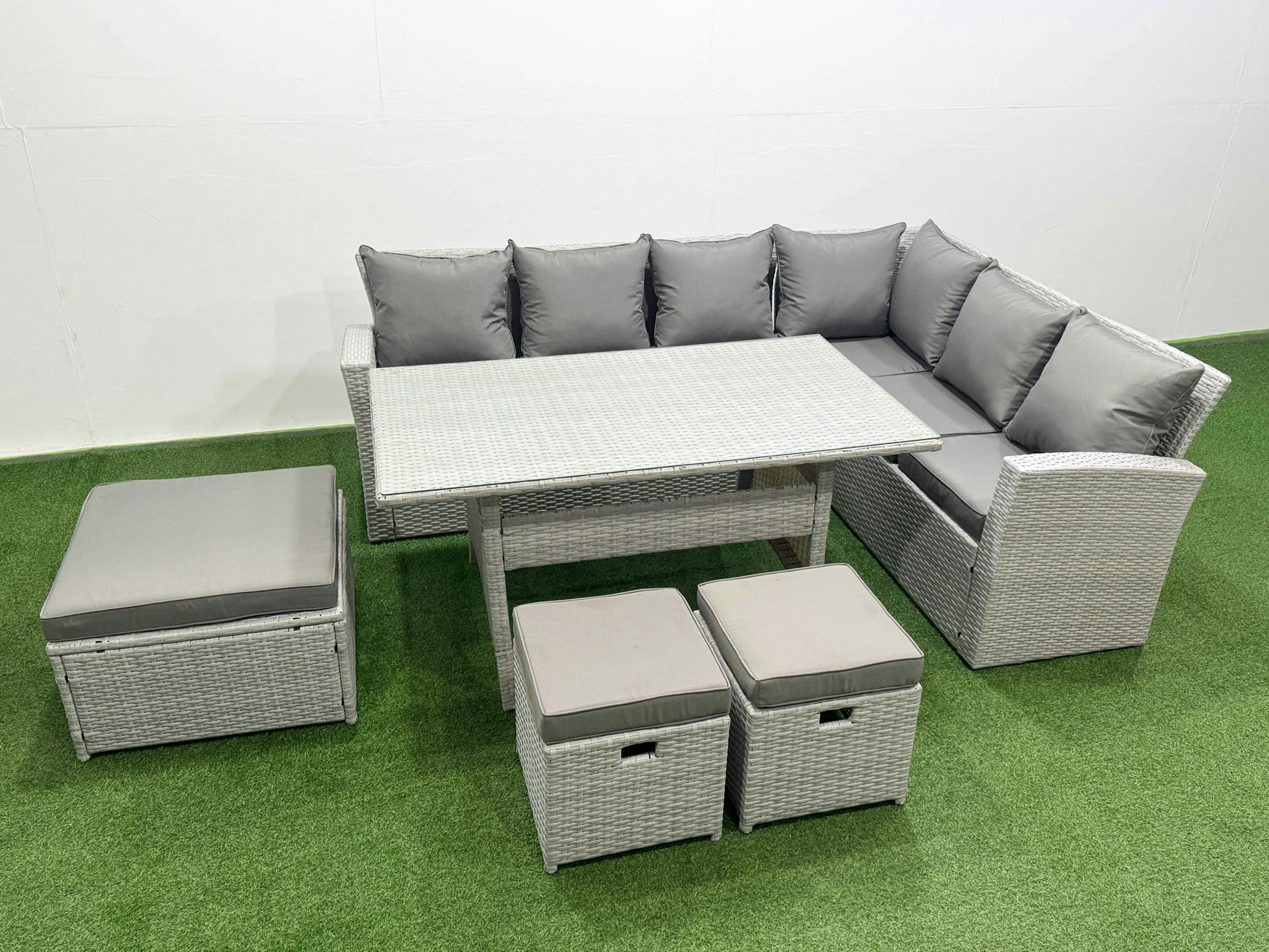 Rackhams Light/Grey Rattan Garden Furniture Set Outdoor 9 Seater Patio Dining Corner Sofa Sets With Dining Table 3 Footstools Mixed