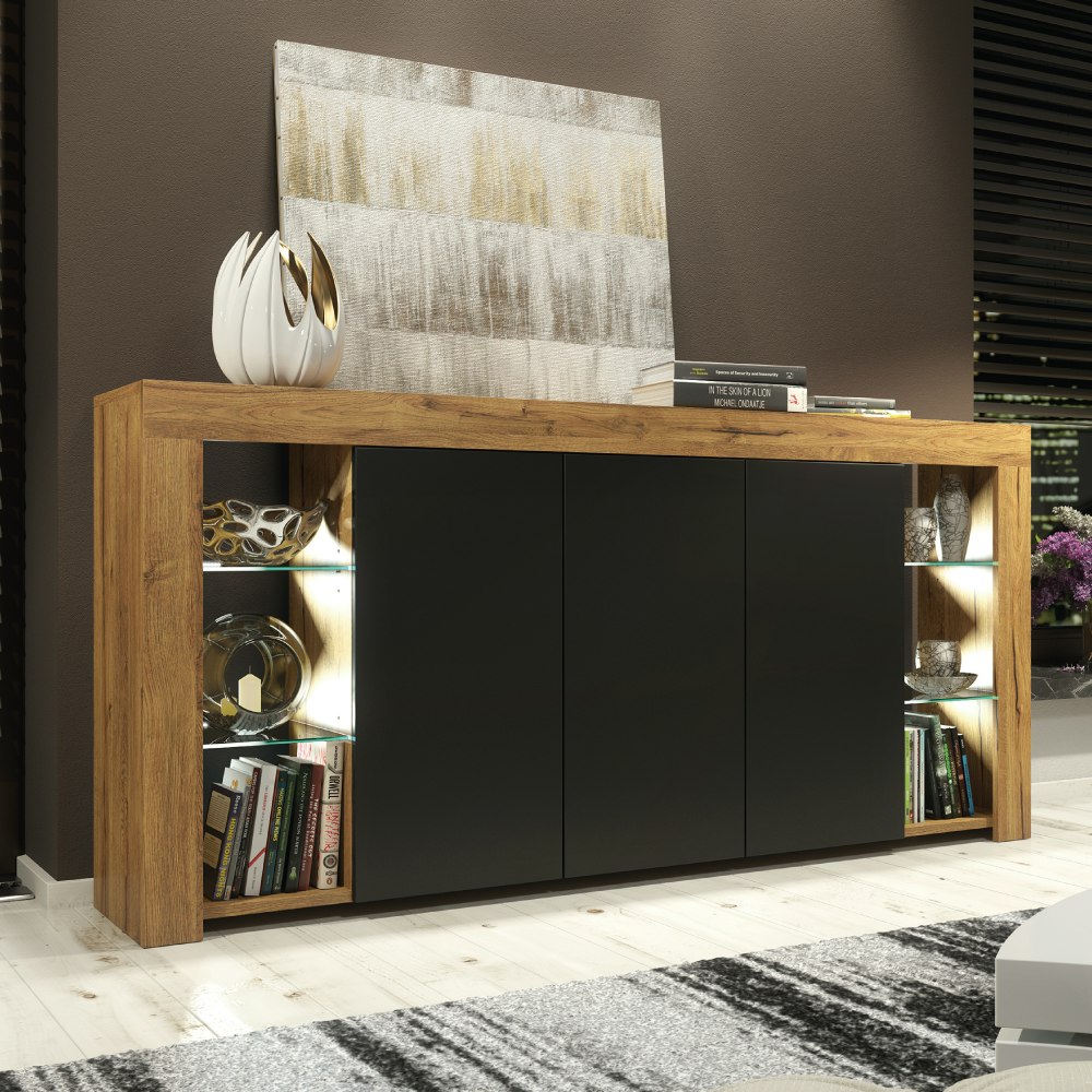 Mex Furniture Black Exclusive 164Cm Sideboard Tv Unit Oak Display Cabinet Tv Stand Living Room & Free Led - 164 Cm - Oak Matt Body & Matt Doors - 1