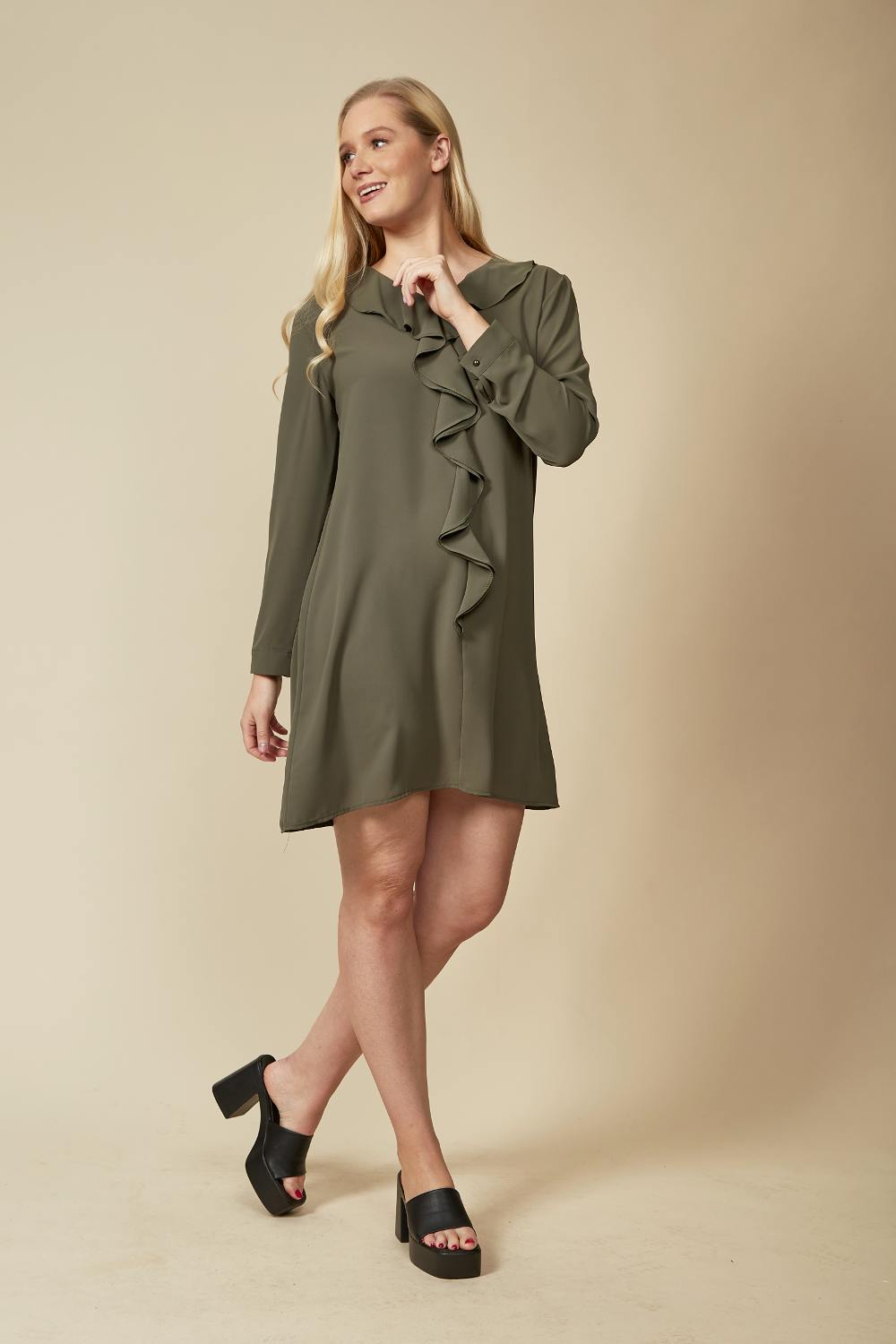 Hoxton Gal Oversized Tunic With Frill Details In Khaki - Khaki - 16-18