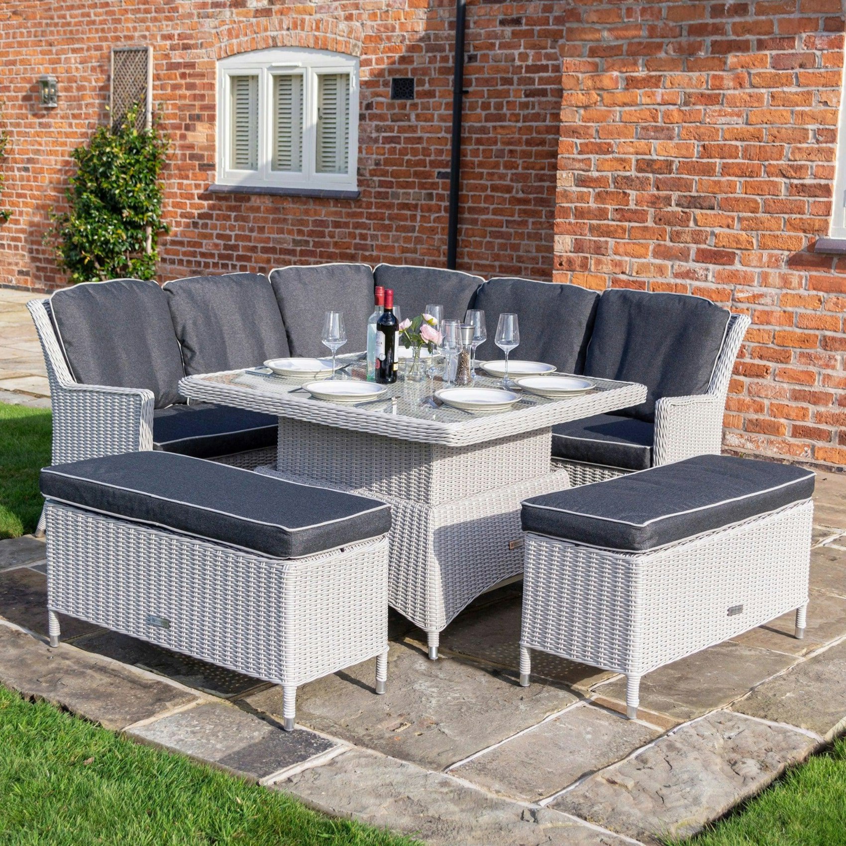 Rackhams Grey Rattan Effect Corner Dining Set With Adjustable Height Table - Putty