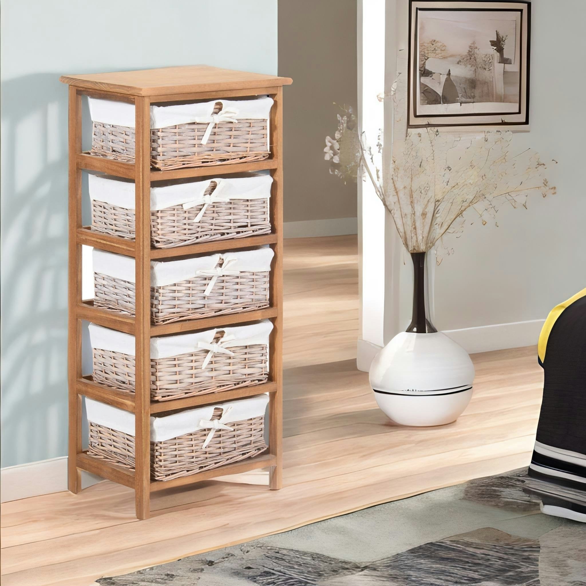 Rafaelo Mobilia Brown 5 Drawer Wicker Basket Storage Unit