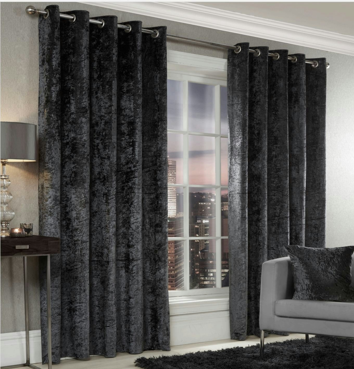 Rackhams Crushed Velvet Fully Lined Eyelet Curtains - Charcoal - 46 X 54"