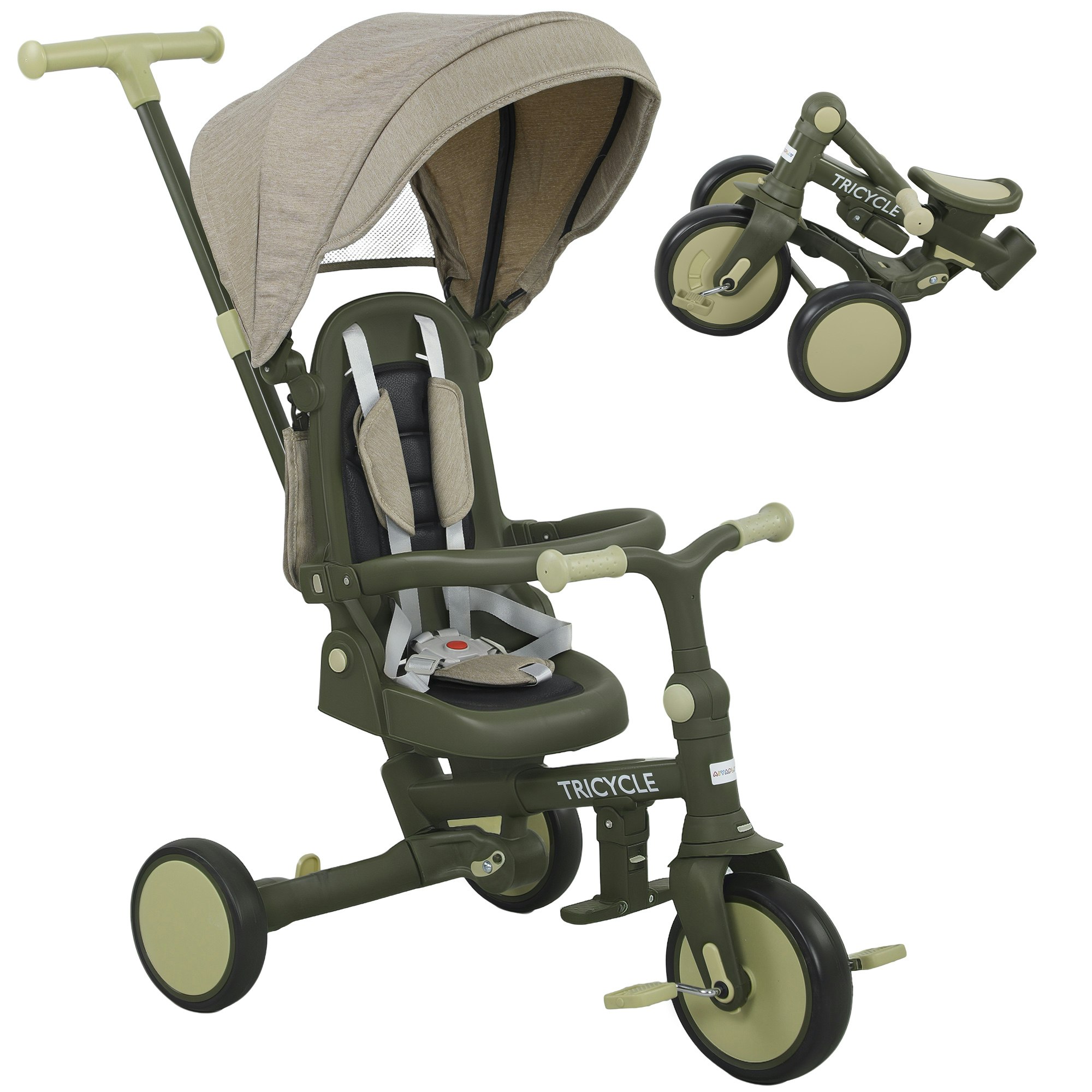 Aiyaplay Dark/Green 5 In 1 Foldable Kids Trike, Toddler Tricycle For 1-3 Years, 5In