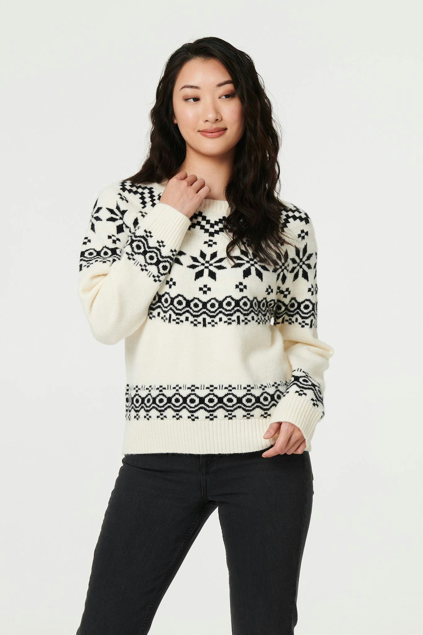 Izabel London White Fairisle Drop Shoulder Relaxed Jumper - 10