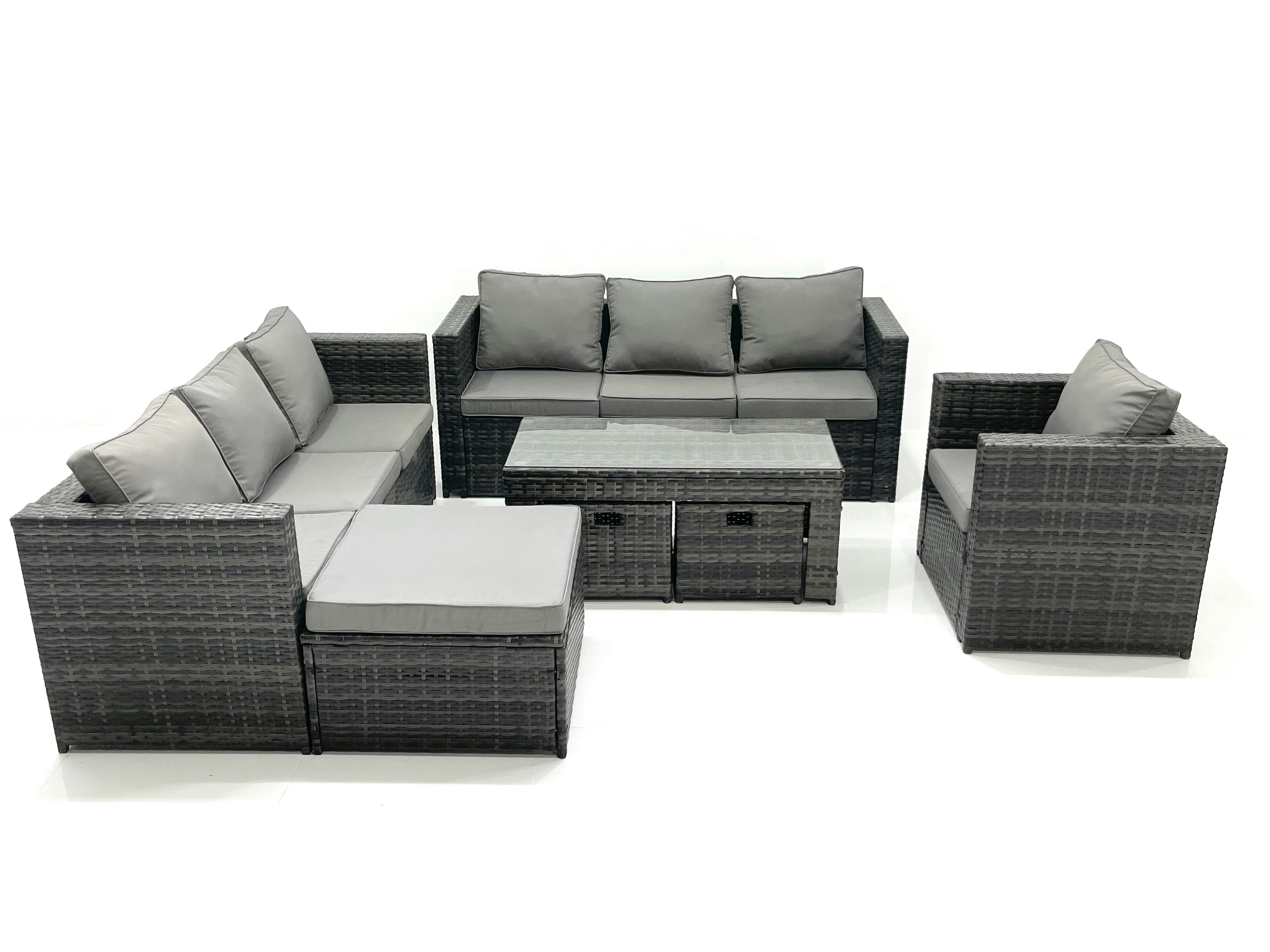 Rackhams Dark/Grey Outdoor Garden Furniture Set 10 Seater Rattan Sofa Set With Coffee Table 3 Footstools Armchair Mixed