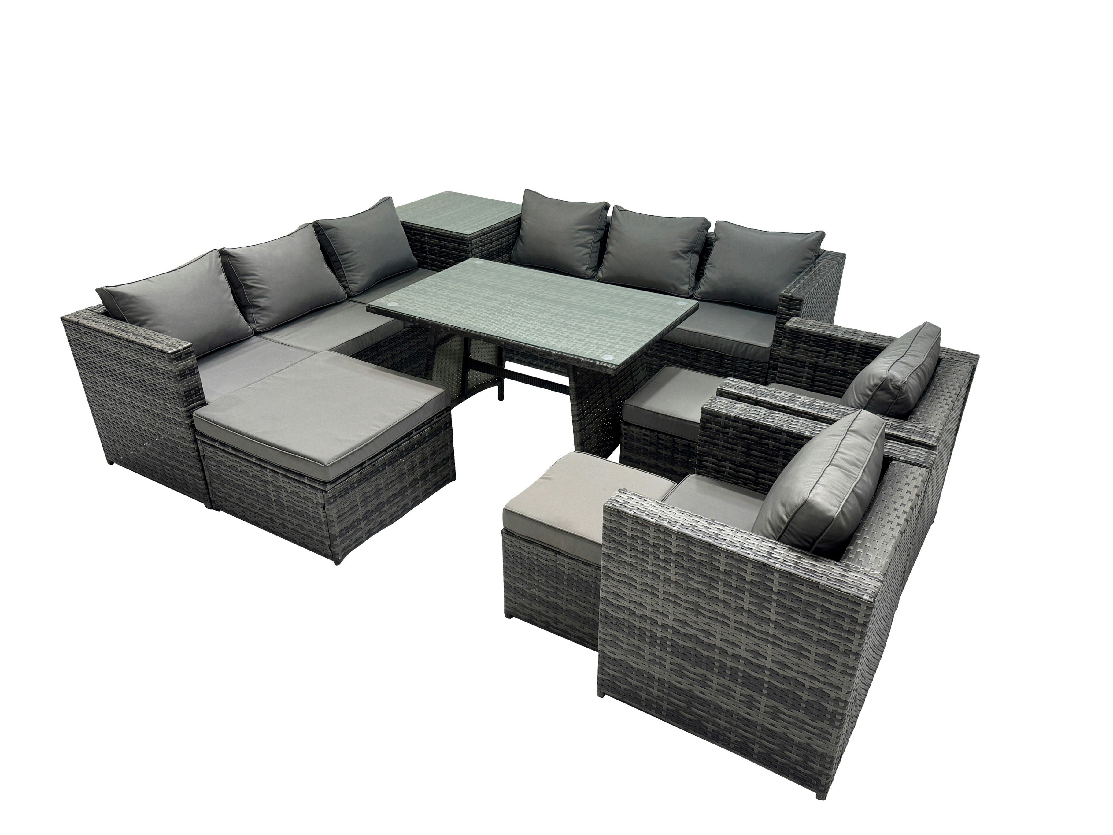 Fimous Dark/Grey Outdoor Corner Sofa Chair Dining Table Set Garden Rattan Furniture Set 11 Seater With 3 Stool Side Table