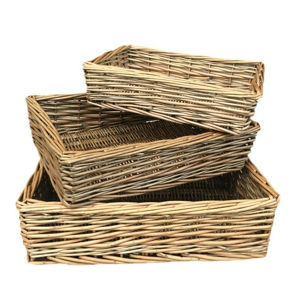 Rackhams Red Antique Wash Rectangular Straight Sided Wicker Tray - Set Of 3