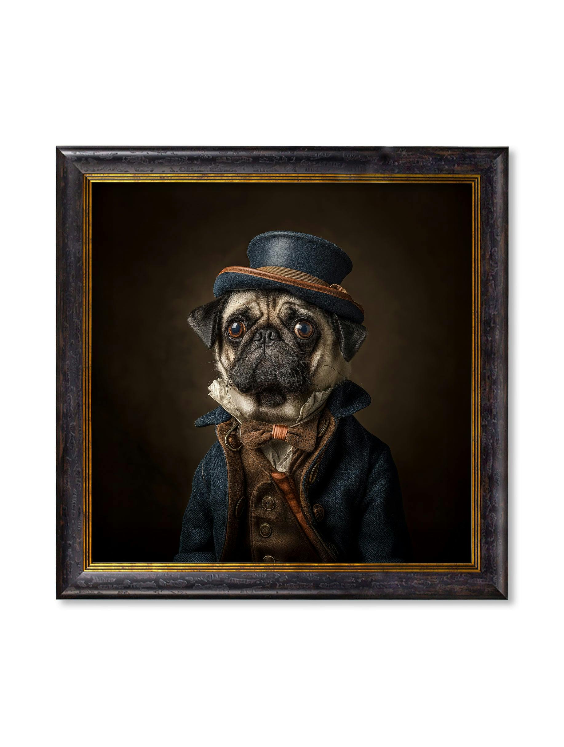 Rackhams Dark/Blue/Brown Sir Puggington - Gentleman Pug Oxford Square Frame - 96 X 96Cm