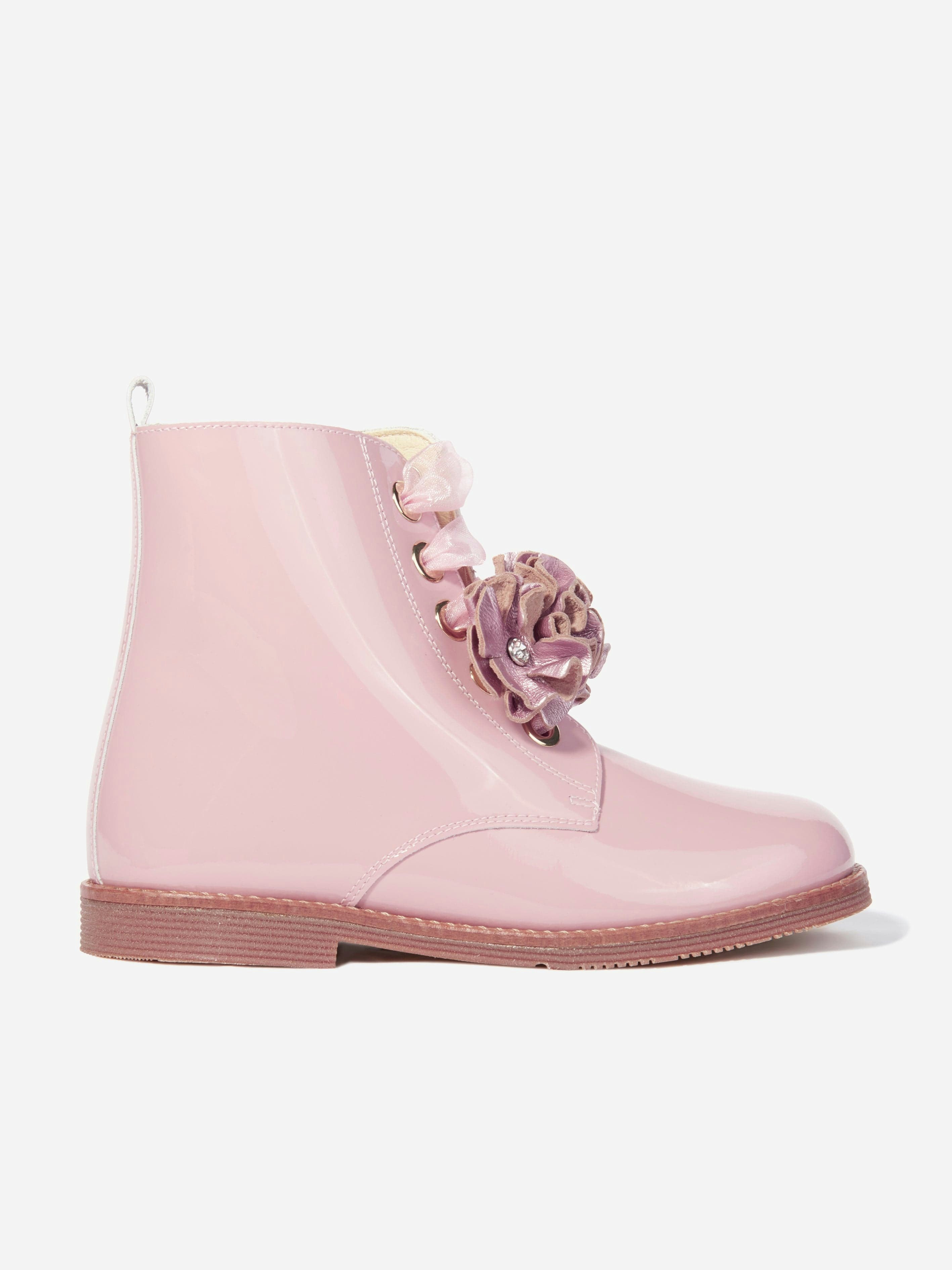 Andanines Girls Pink Patent Leather Flower Boots In - Eu 37 Uk 4