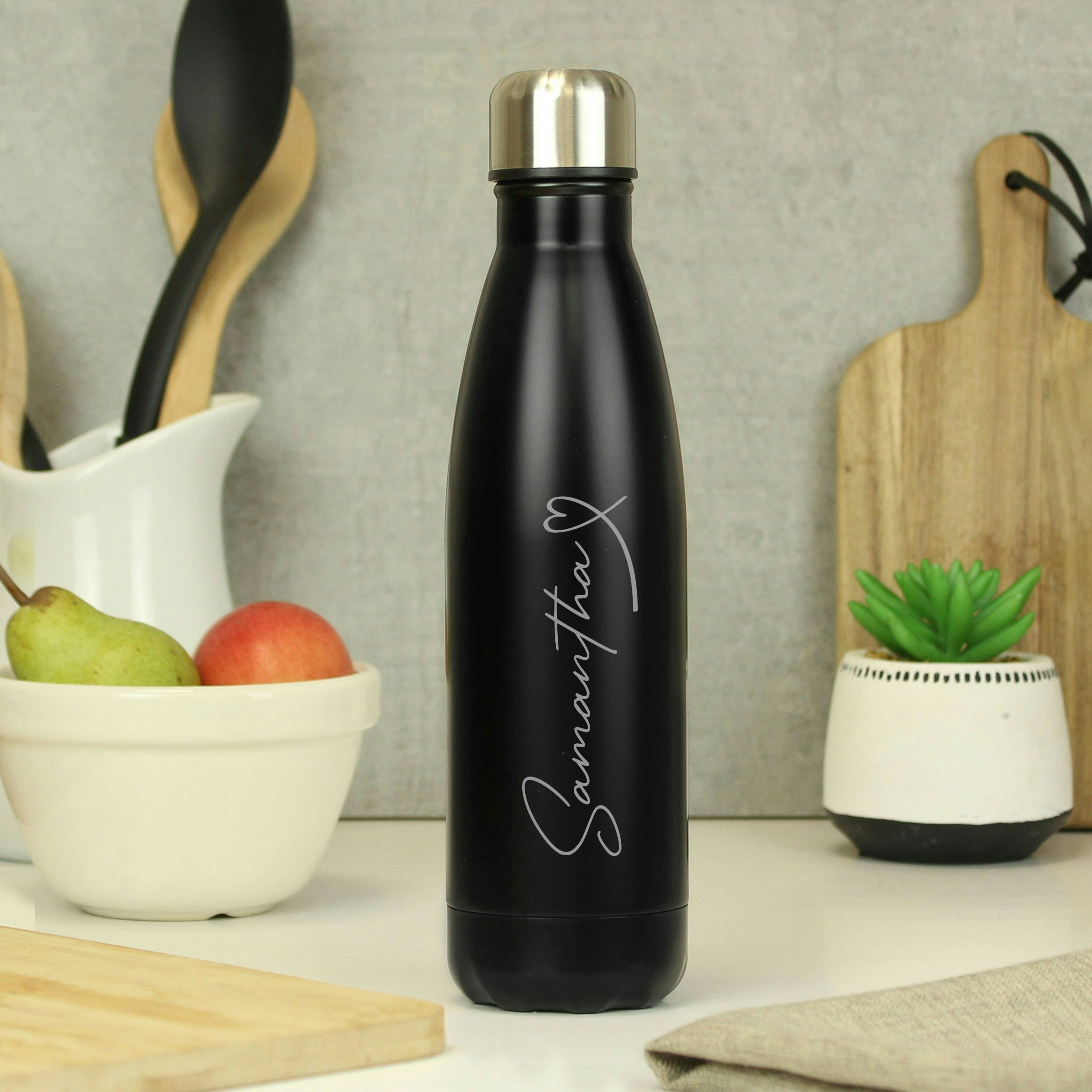 Personalised Memento Company Black Personalised Heart Metal Insulated Drinks Bottle