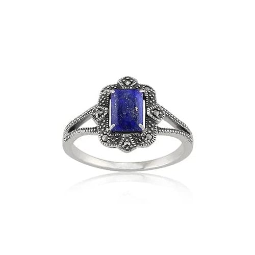 Gemondo Silver Art Deco Style Baguette Lapis Lazuli & Marcasite Ring In 925 Sterling - N