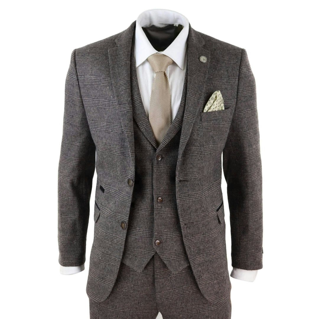 Truclothing Men's Brown Stz17 - Wool 3 Piece Check Suit Tweed Blinders Gatsby 1920S - 48" Jacket 42" Trousers